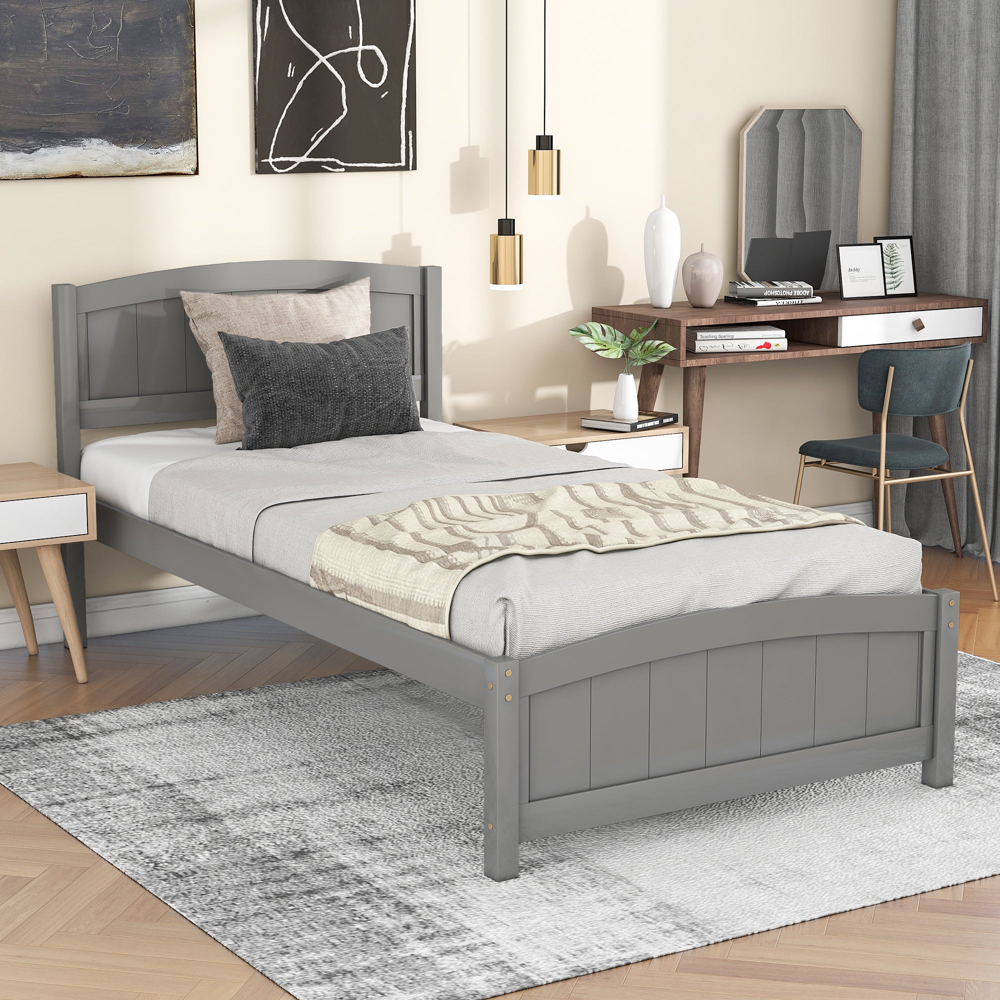 Gray Wood Platform Bed with Headboard, Footboard & Slat Support