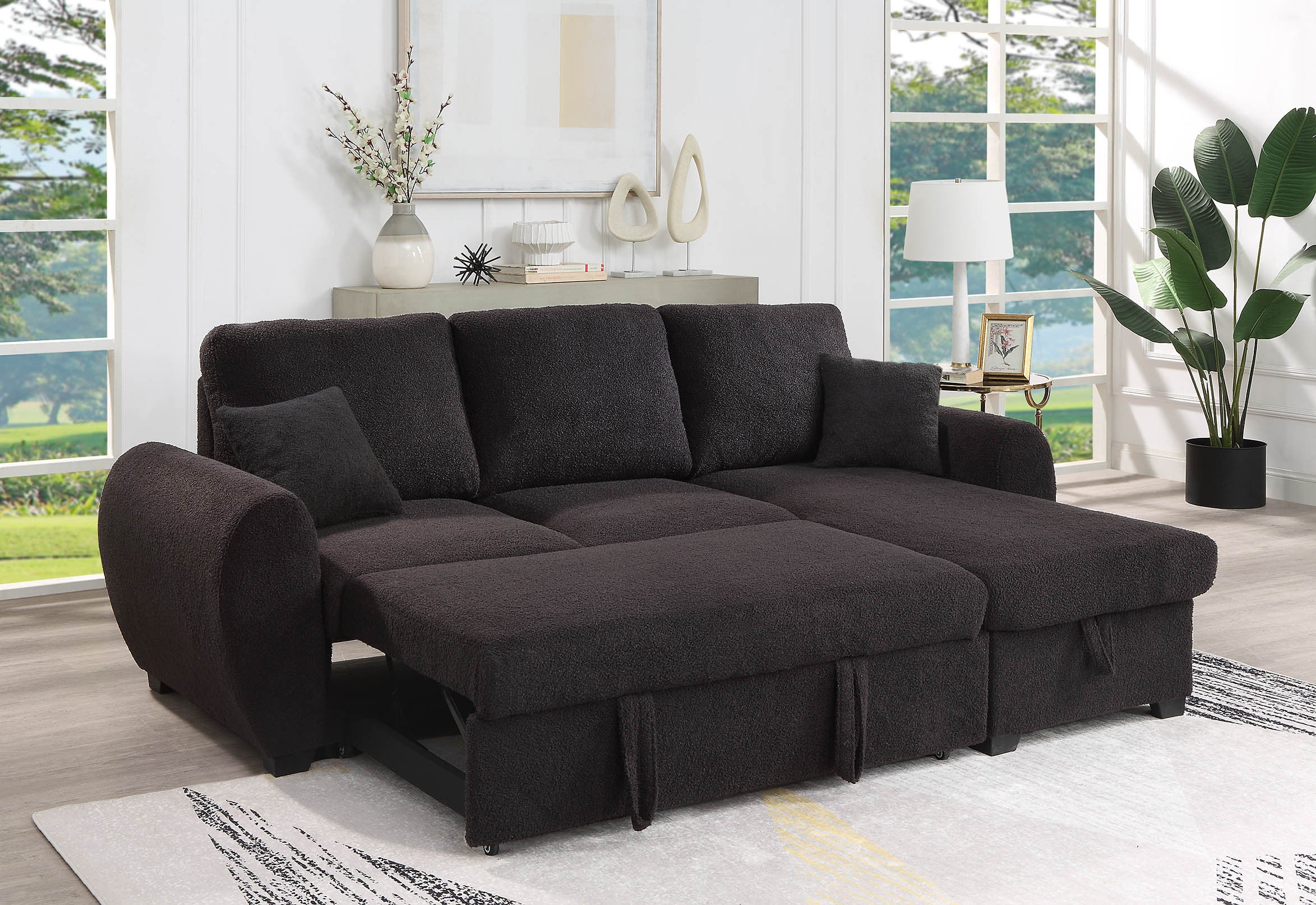 Veronica Black Teddy Fleece Sleeper Sectional Sofa w/Storage