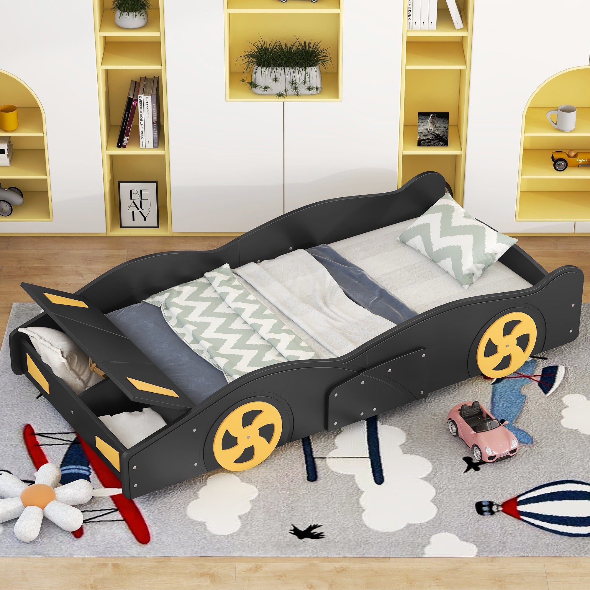 Kids Twin Race Car Bed with Wheels, Storage, Black/Yellow