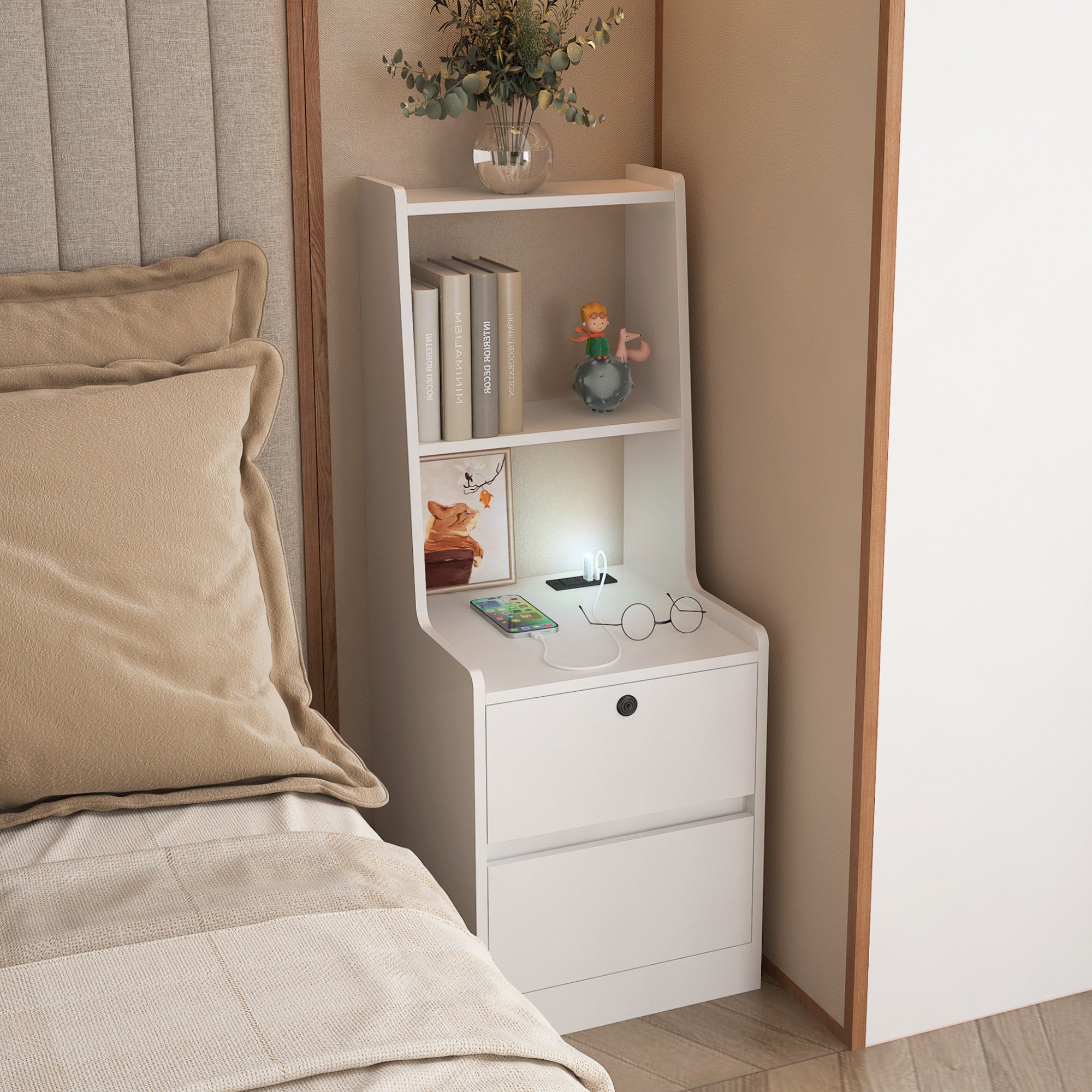 Modern Smart Nightstand: Charging, Night Light, Bookshelf Storage, White