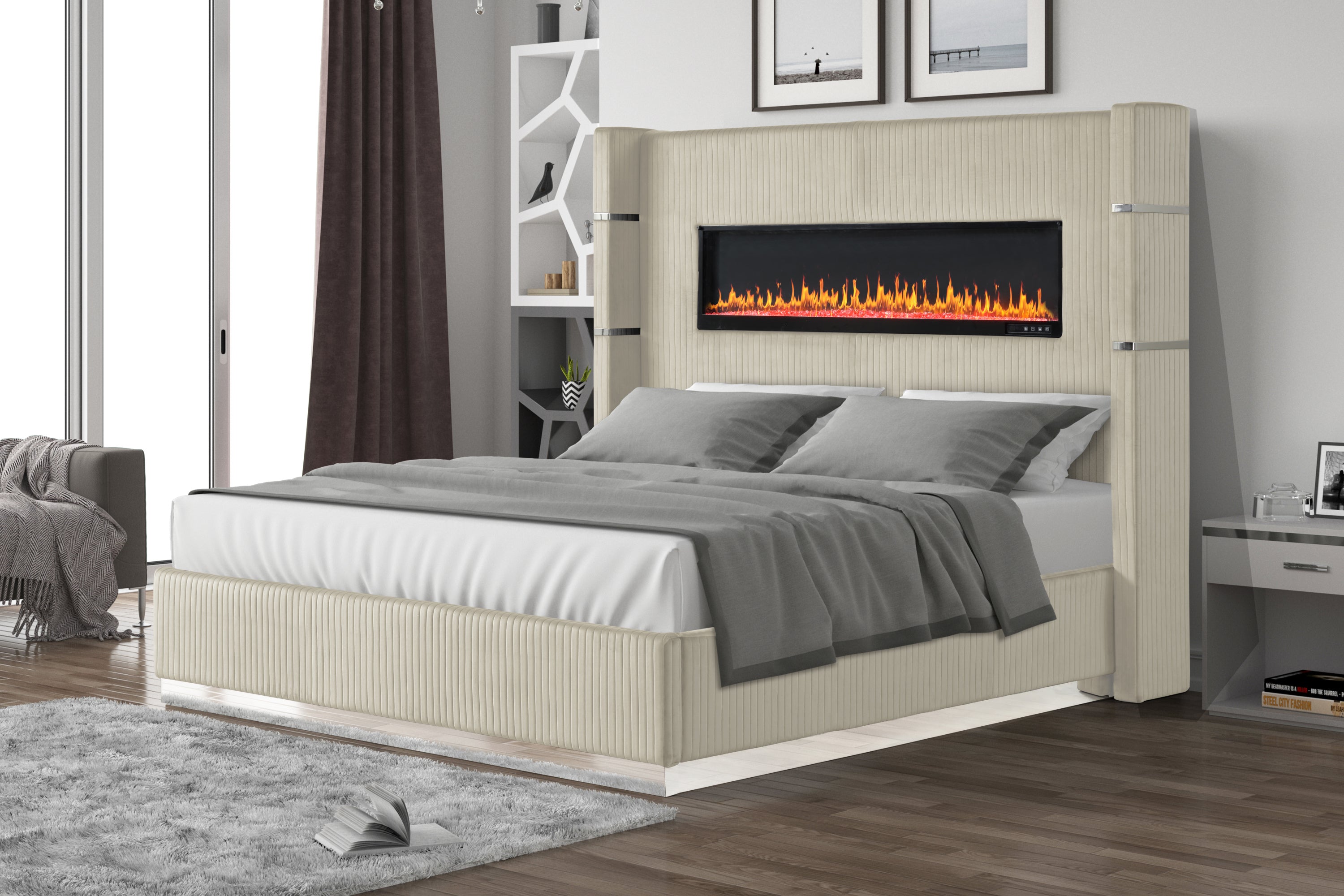 Lizelle Upholstered Wooden King Bed Ambient Lighting Beige Velvet