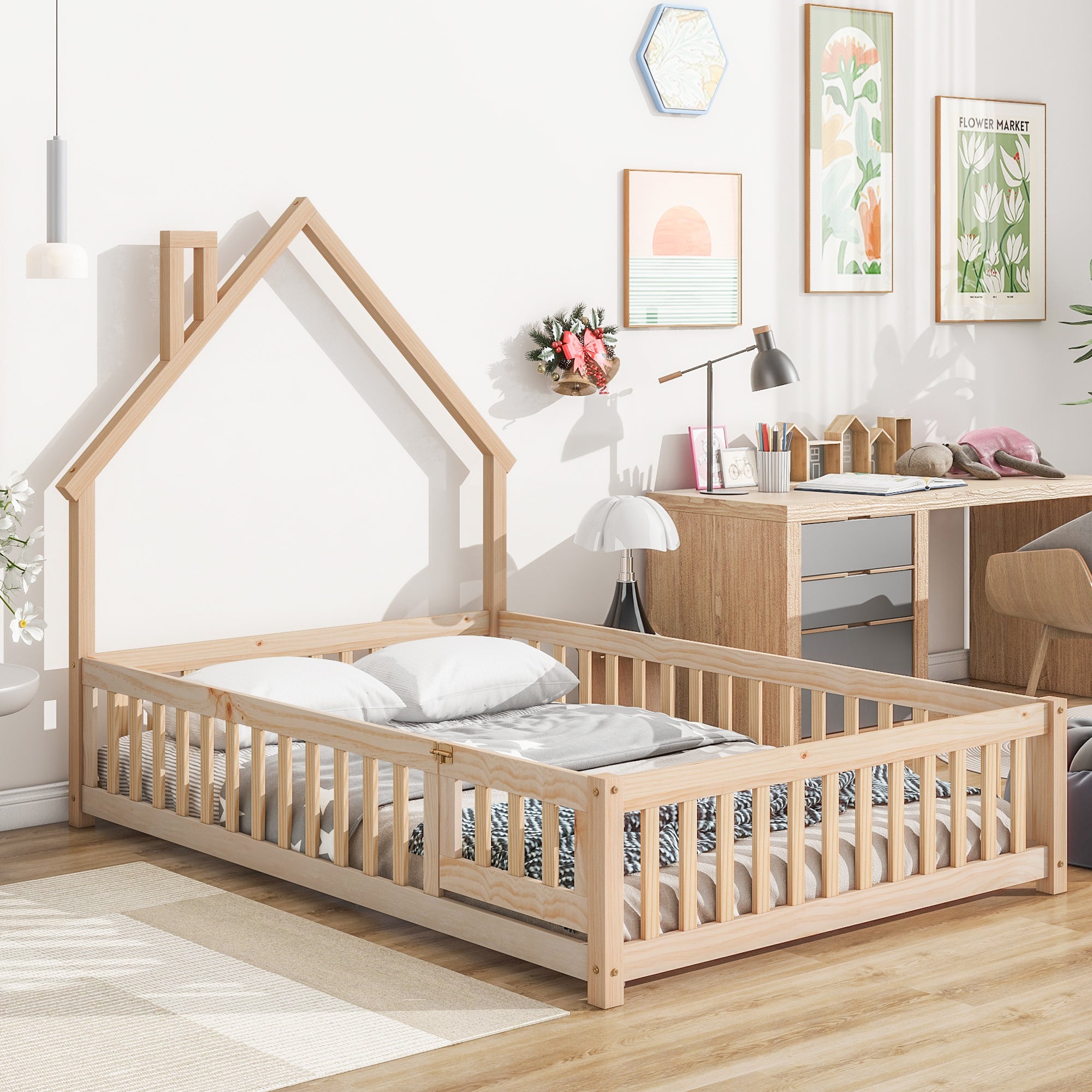 Full House Floor Bed with Fence & Headboard - Natural Wood