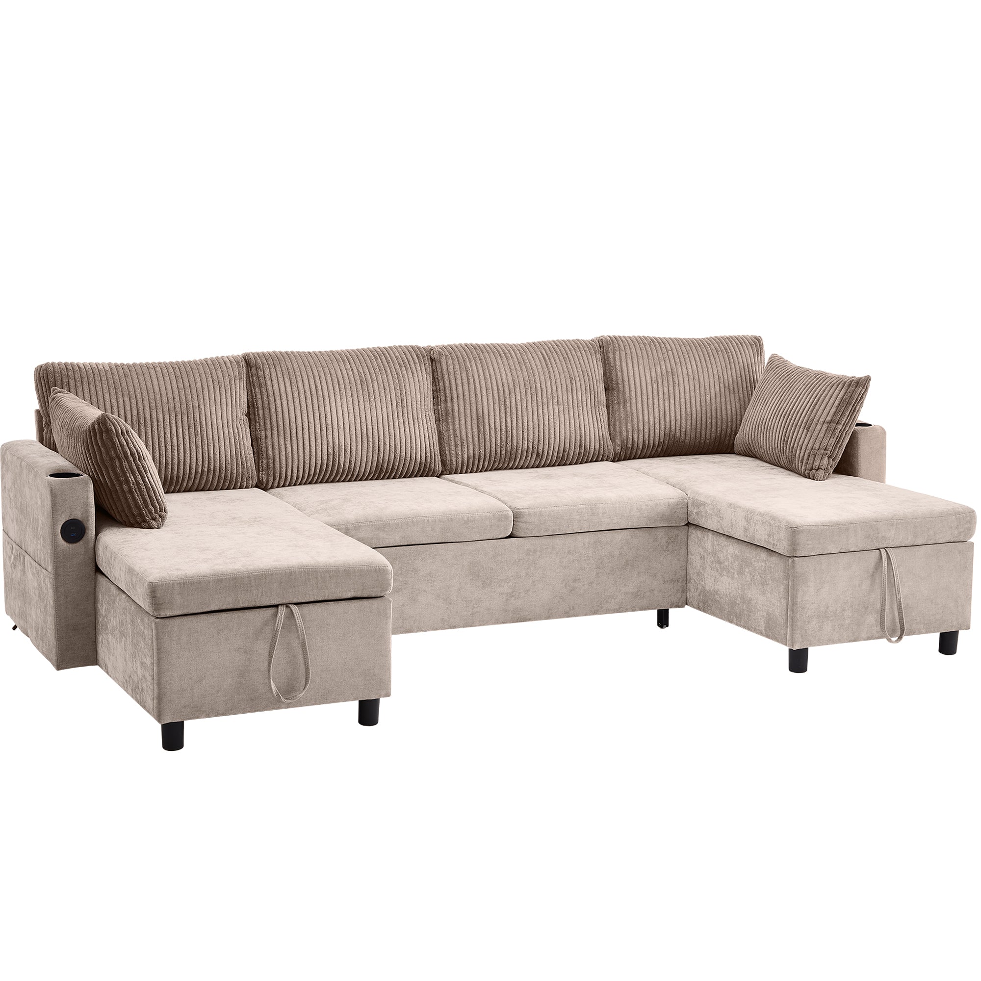 Brown Sectional Sofa Bed with Storage, USB & Cup Holders