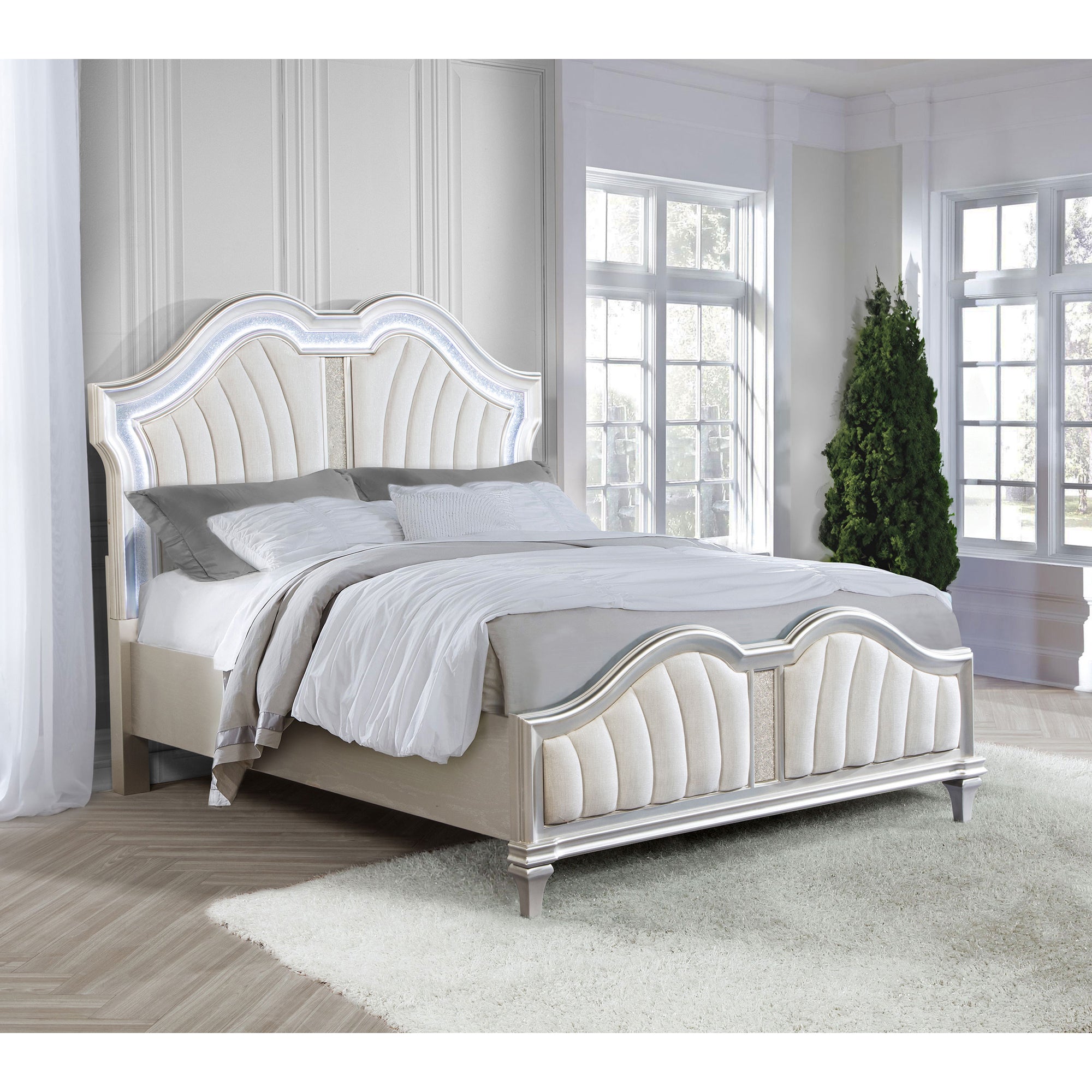 Katerina Ivory Silver Oak Queen Platform Bed with LED Light