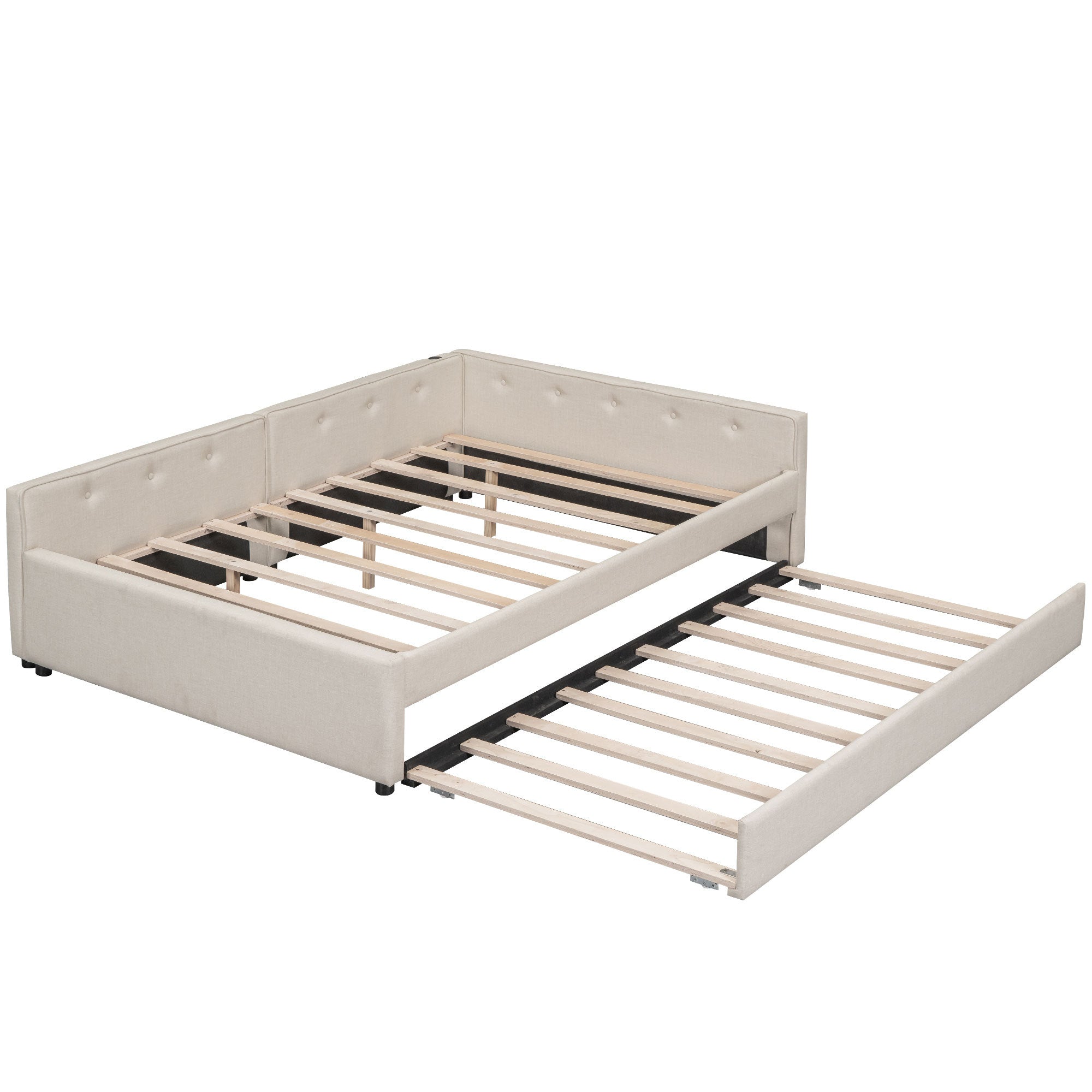 Elegant Upholstered Full Platform Bed w/ USB & Twin Trundle, Beige Linen