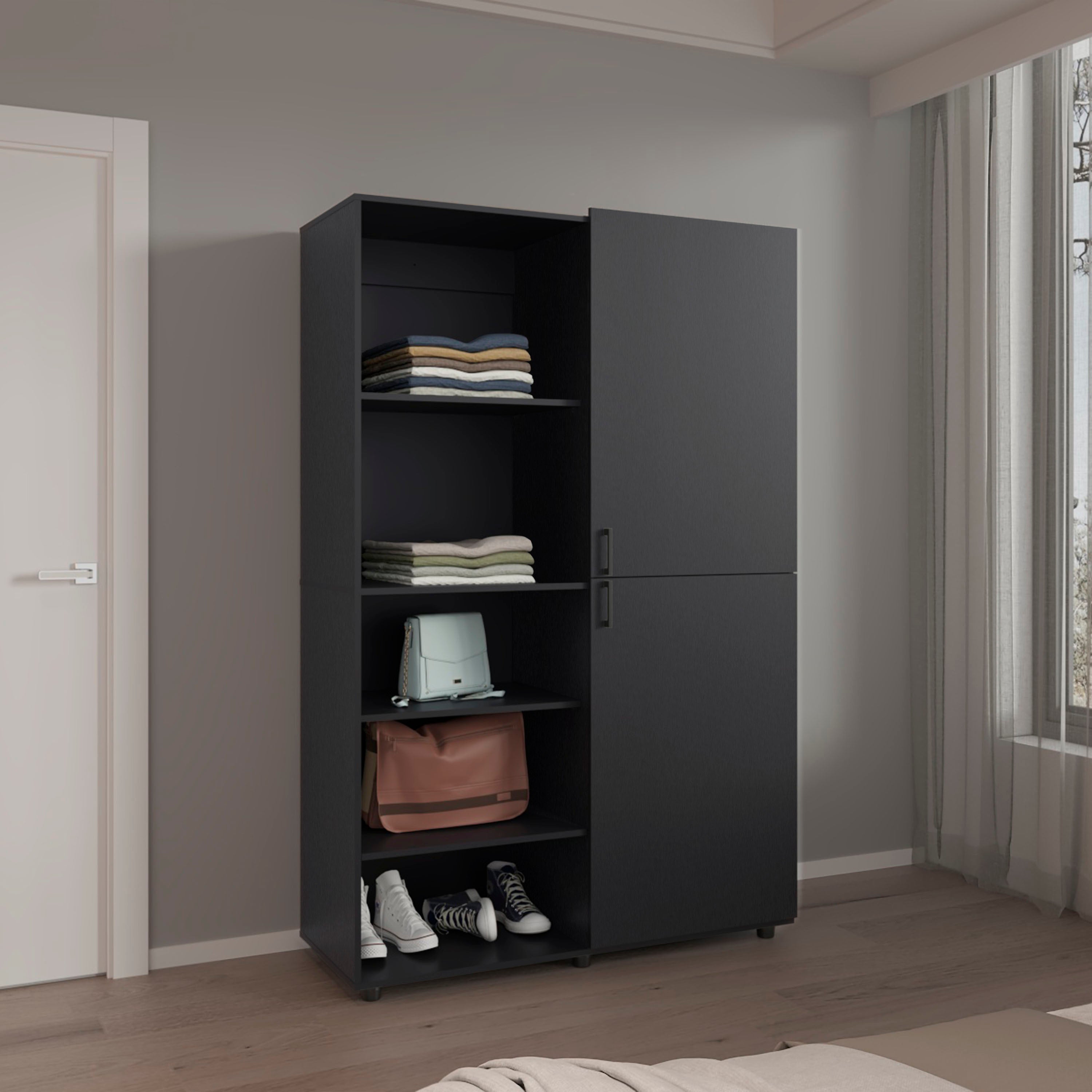 Black Wengue Wardrobe 72.4"H, 2 Doors, 5 Shelves Storage