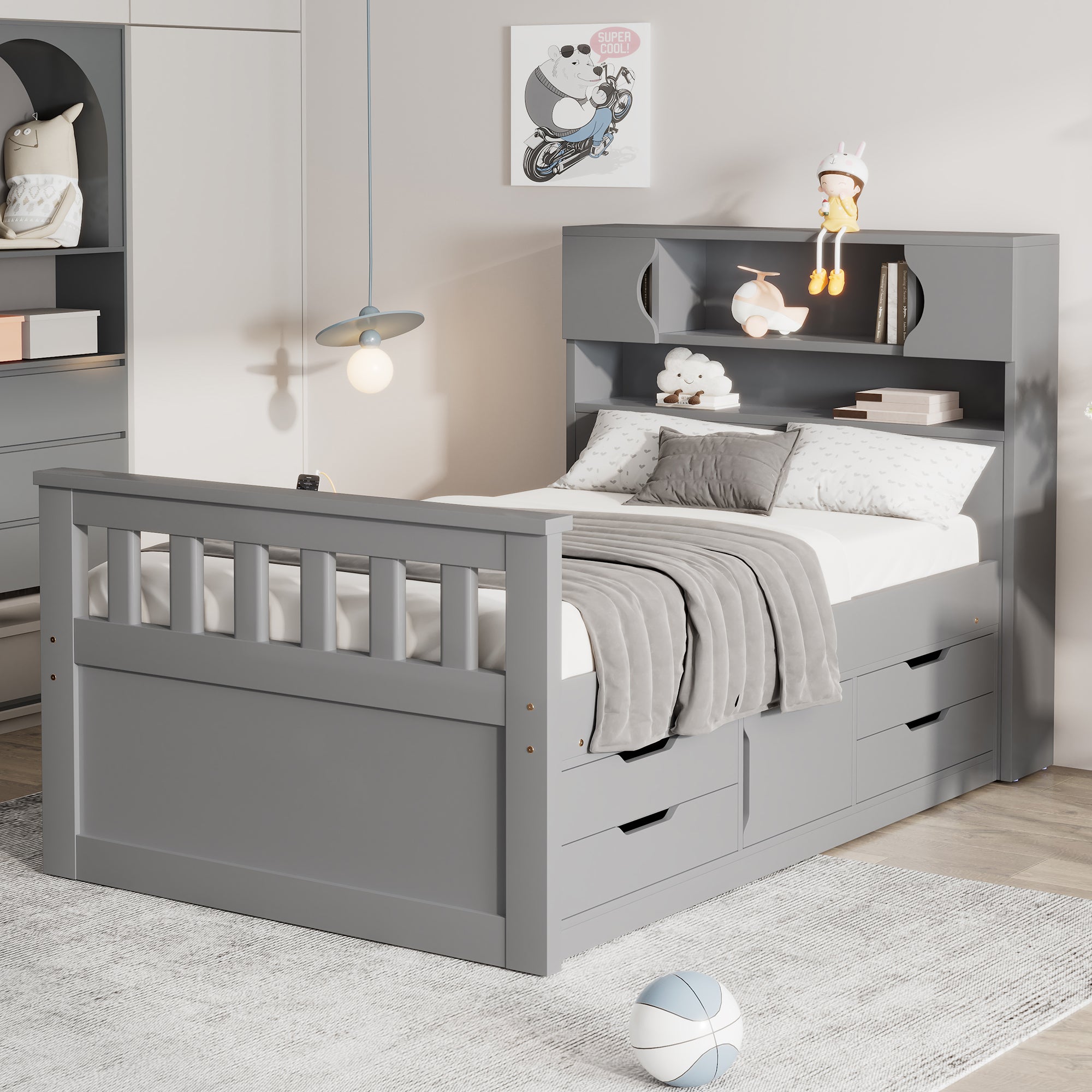 Twin Captain Platform Bed Gray: Storage, Drawers & Bookcase Shelves