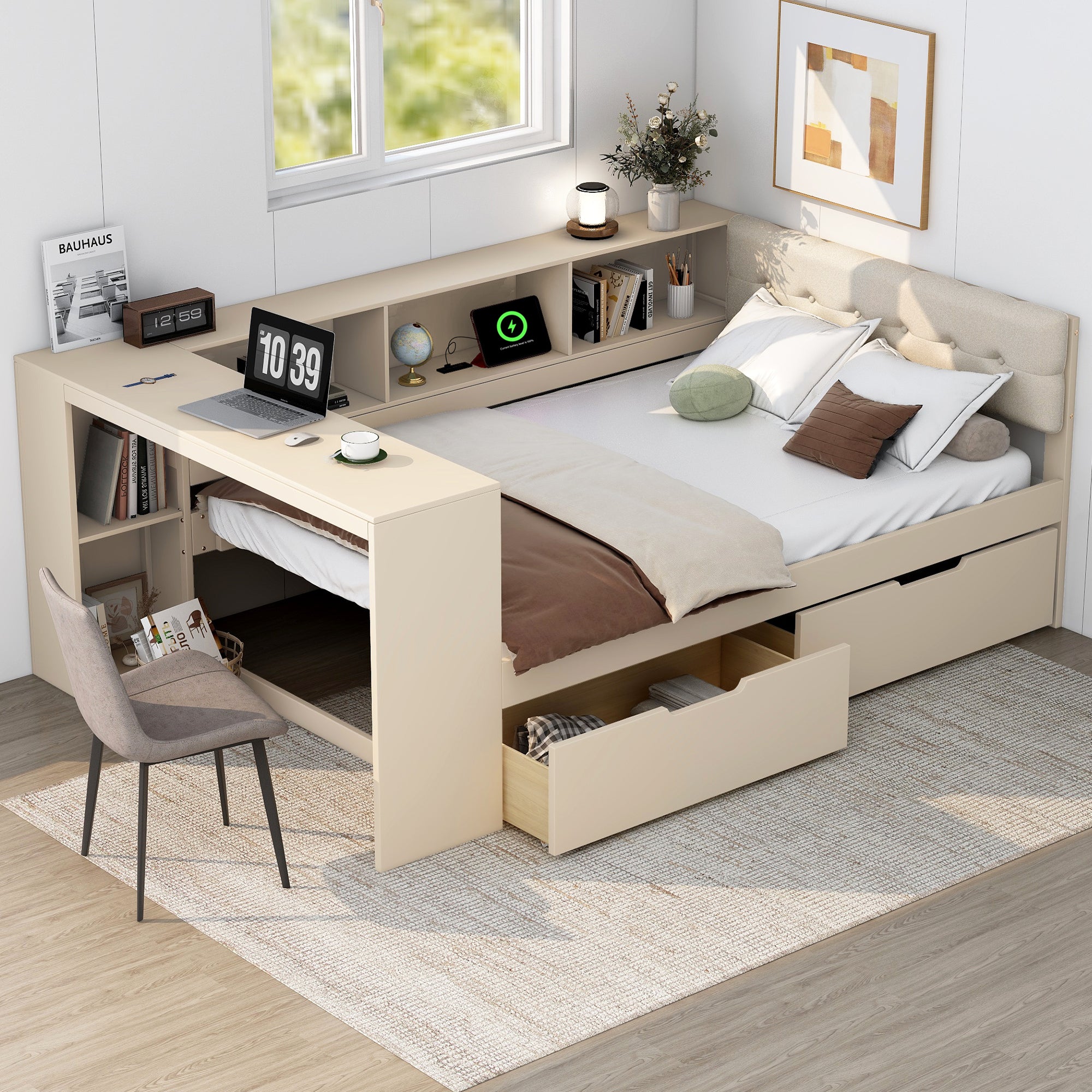 Full Size Platform Bed: Storage, Drawers, Charging, Upholstered, Cream