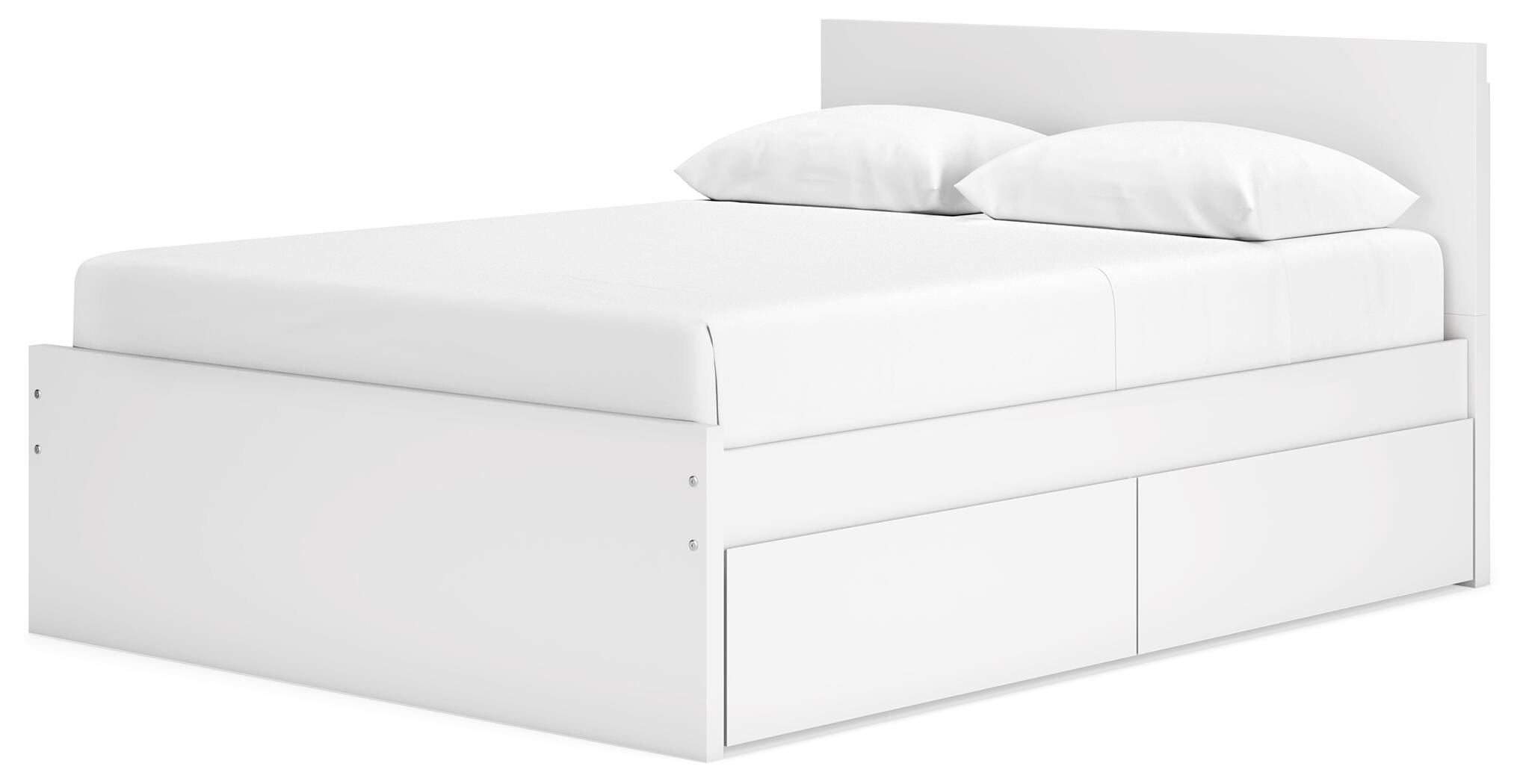 White panel platform bed with one underbed drawer and tall headboard, slat support included