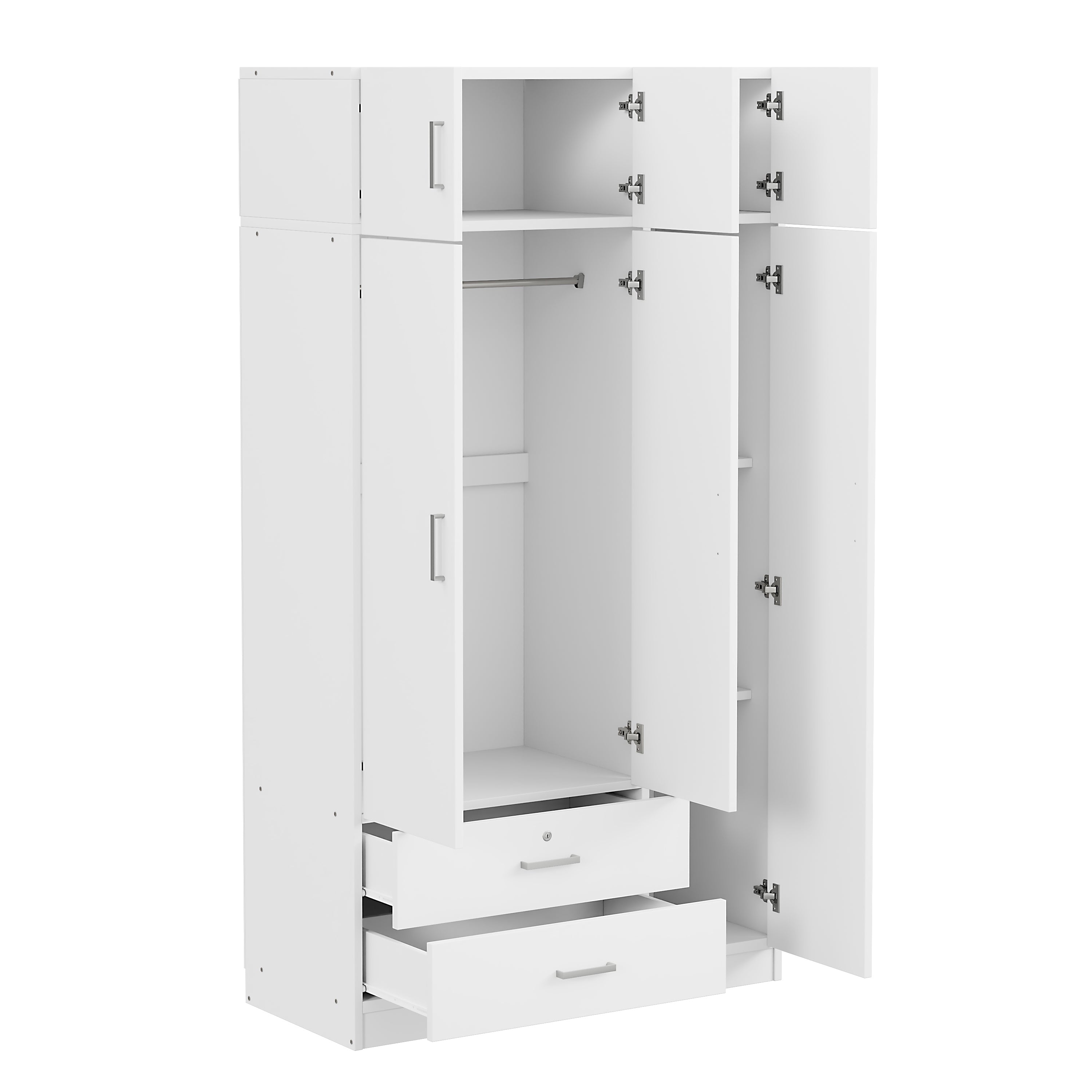 Modern 3-Door Mirrored White Wardrobe 2 Drawers Cabinet
