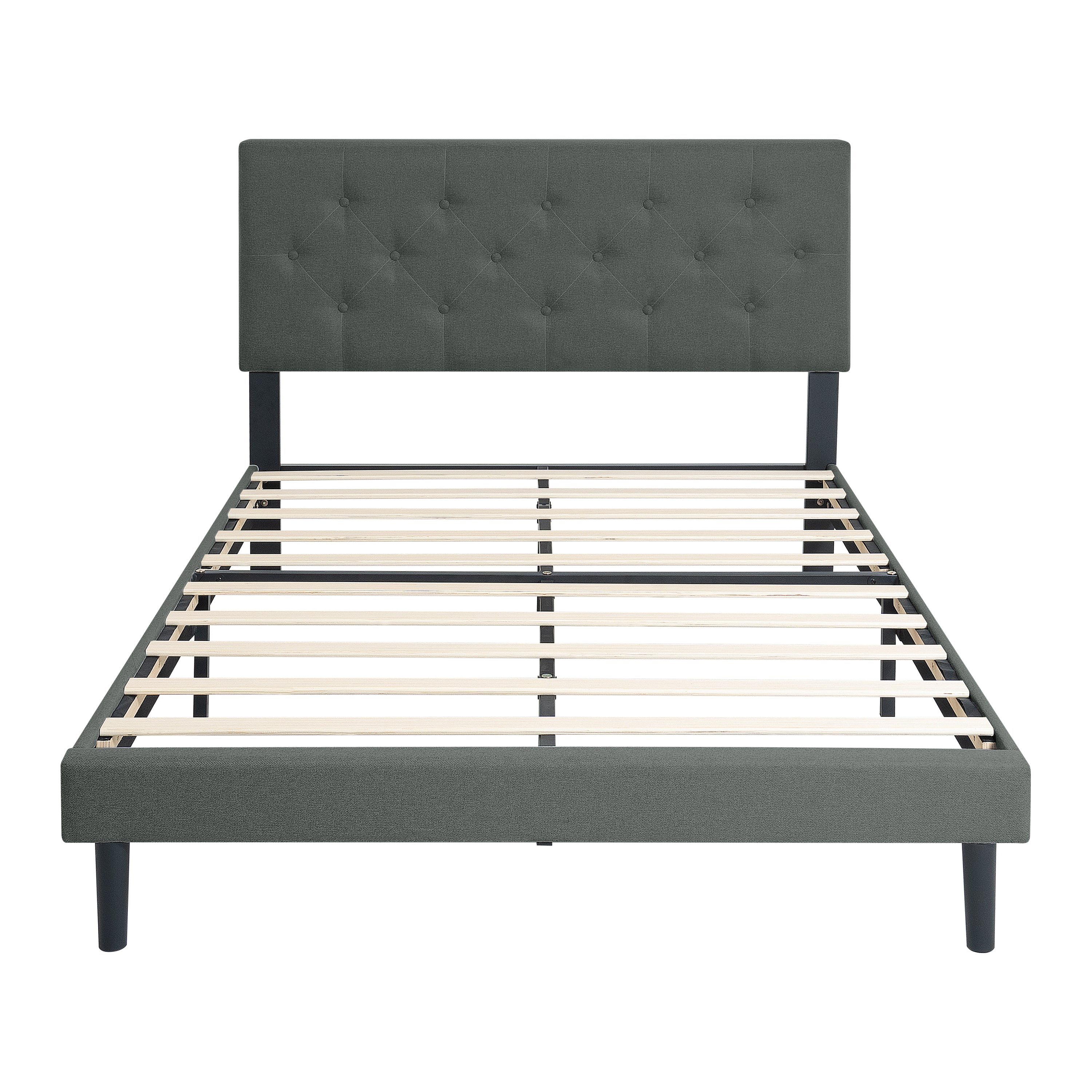 Queen Size Upholstered Platform Bed Frame, Tufted Linen, Dark Grey