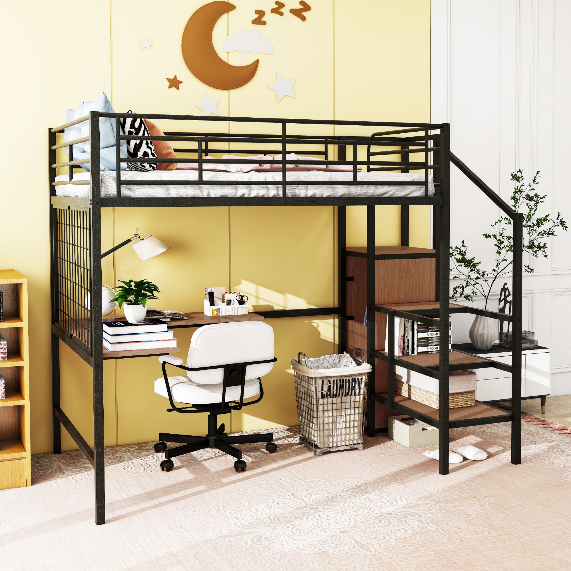 Black Full Size Metal Loft Bed: Desk, Wardrobe & Storage Ladder