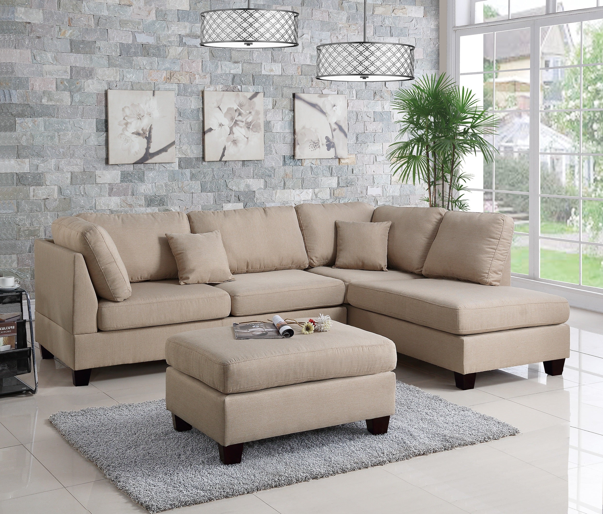 Sand 3pc Sectional Sofa with Reversible Chaise & Ottoman