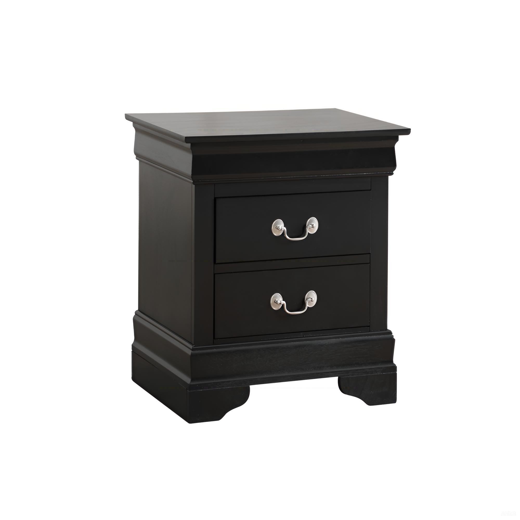 Elegant Black Traditional Nightstand w/ Drawers, Silver Hardware