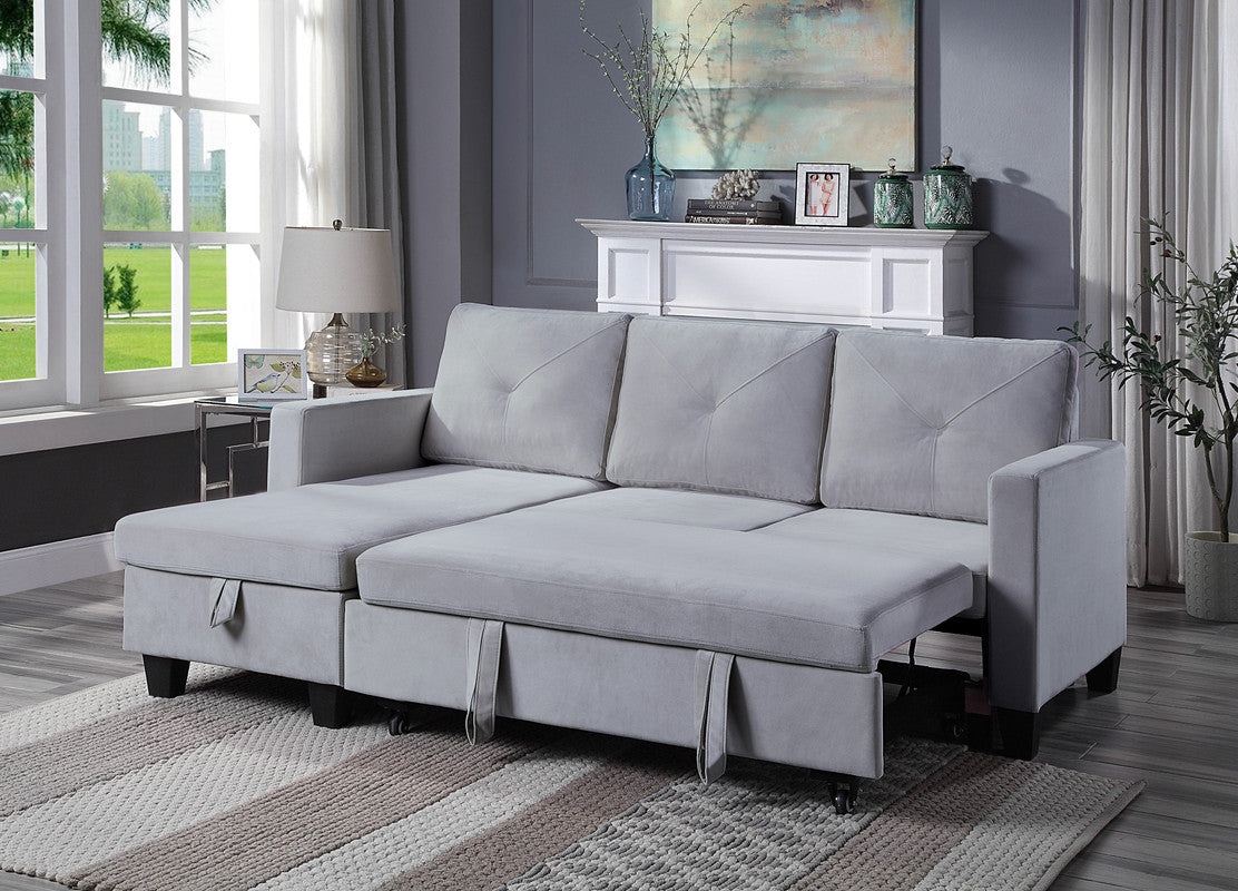 Nova Gray Velvet Reversible Sleeper Sectional Sofa w/Storage