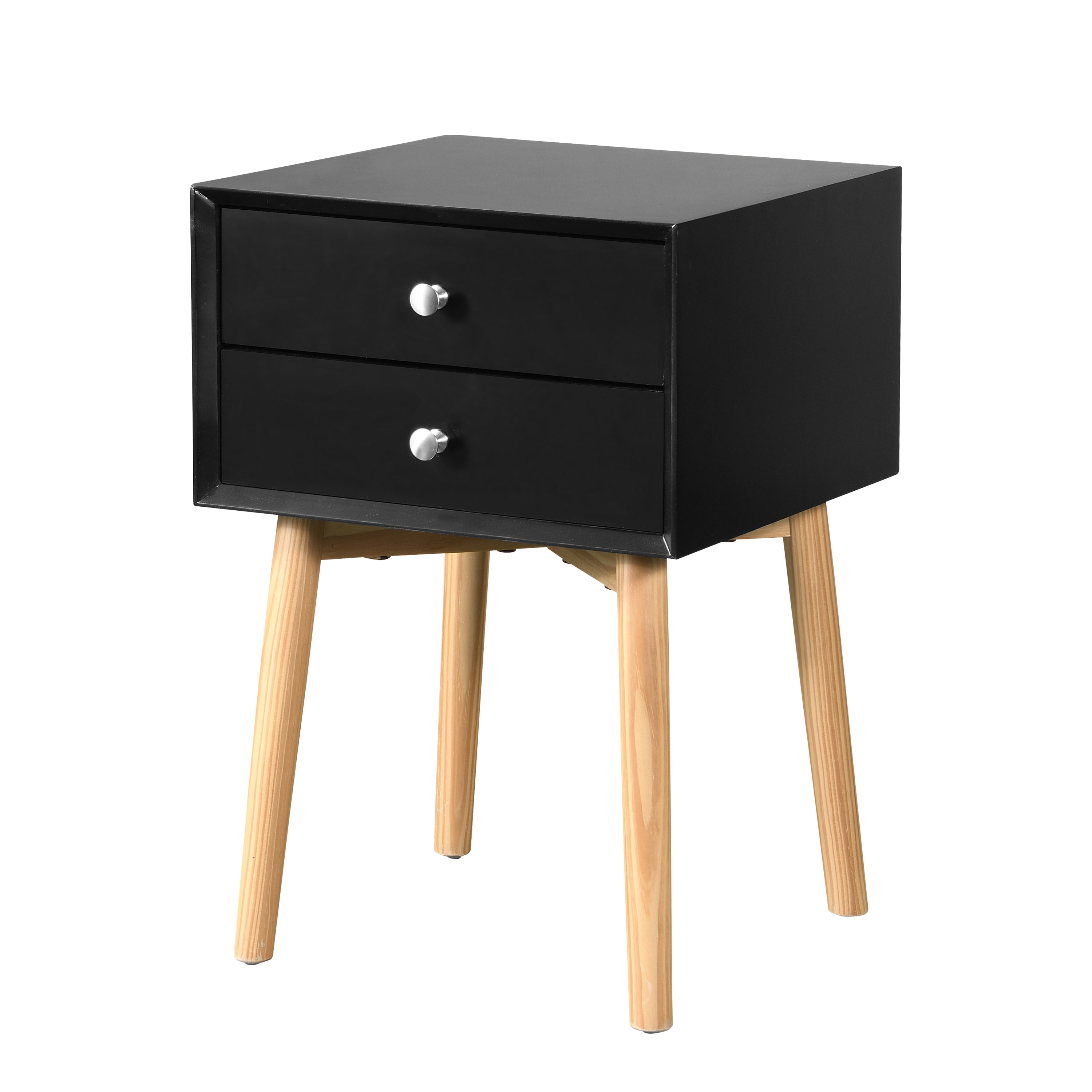 Mid-Century Modern Black Bedside Table 2 Drawers Wood Legs & Storage
