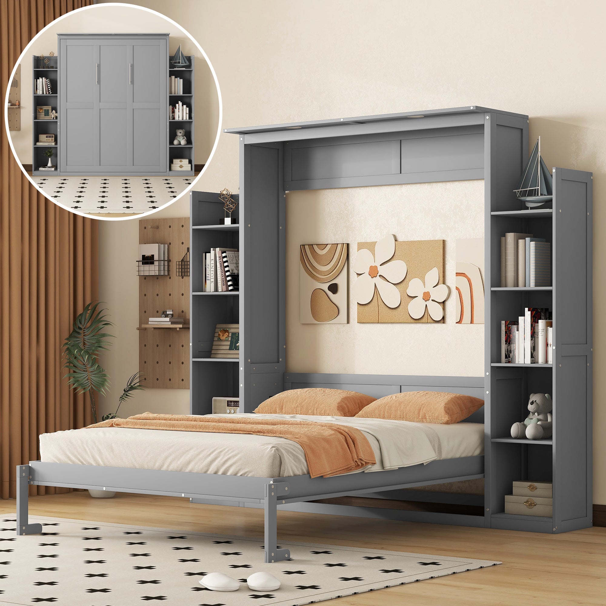 Queen Size Gray Murphy Wall Bed w/ Shelves & LED Lights