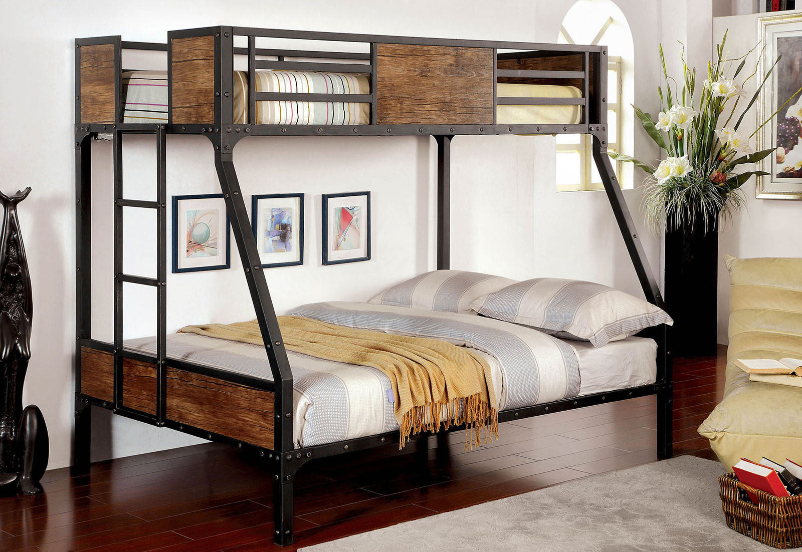 Black Industrial Twin Over Full Metal Bunk Bed w/Wood Panels & Trim