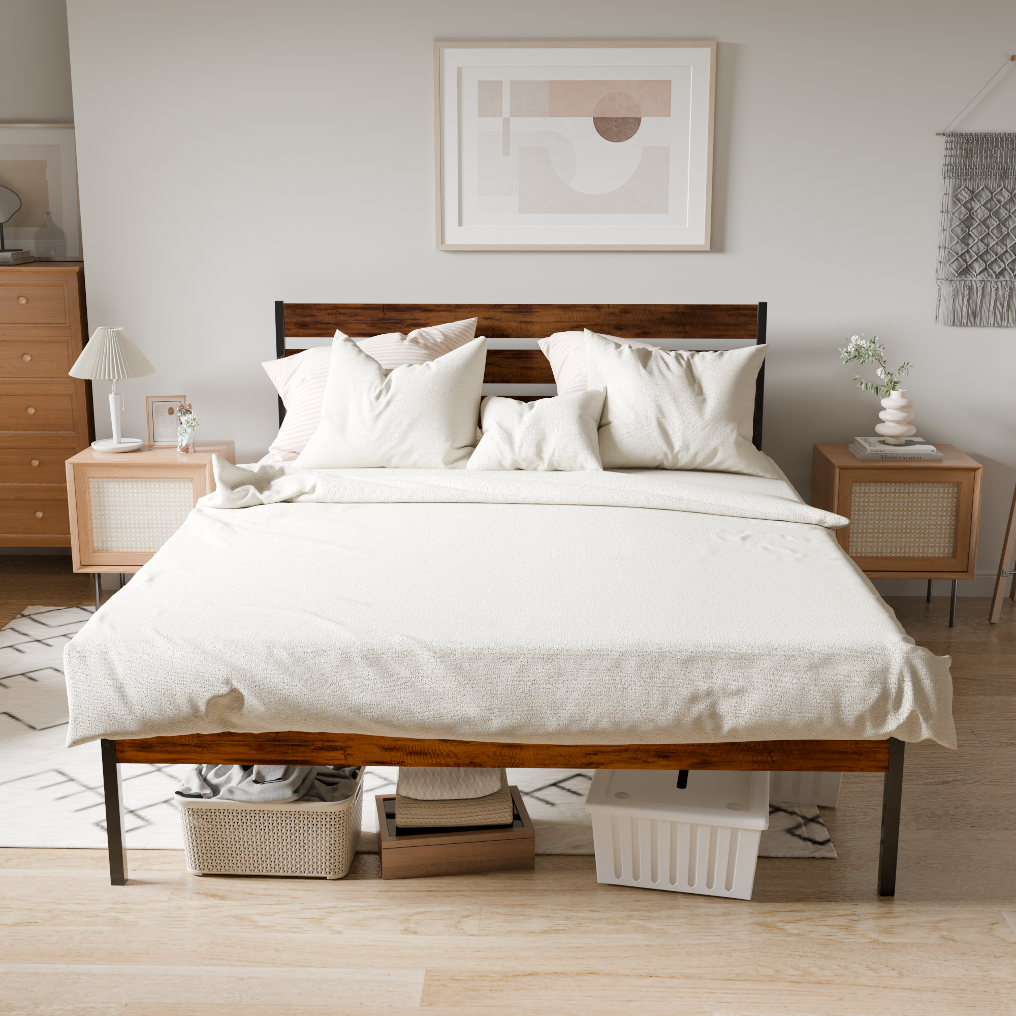 Queen Rustic Iron Platform Bed Frame | Wood Headboard & Footboard Brown