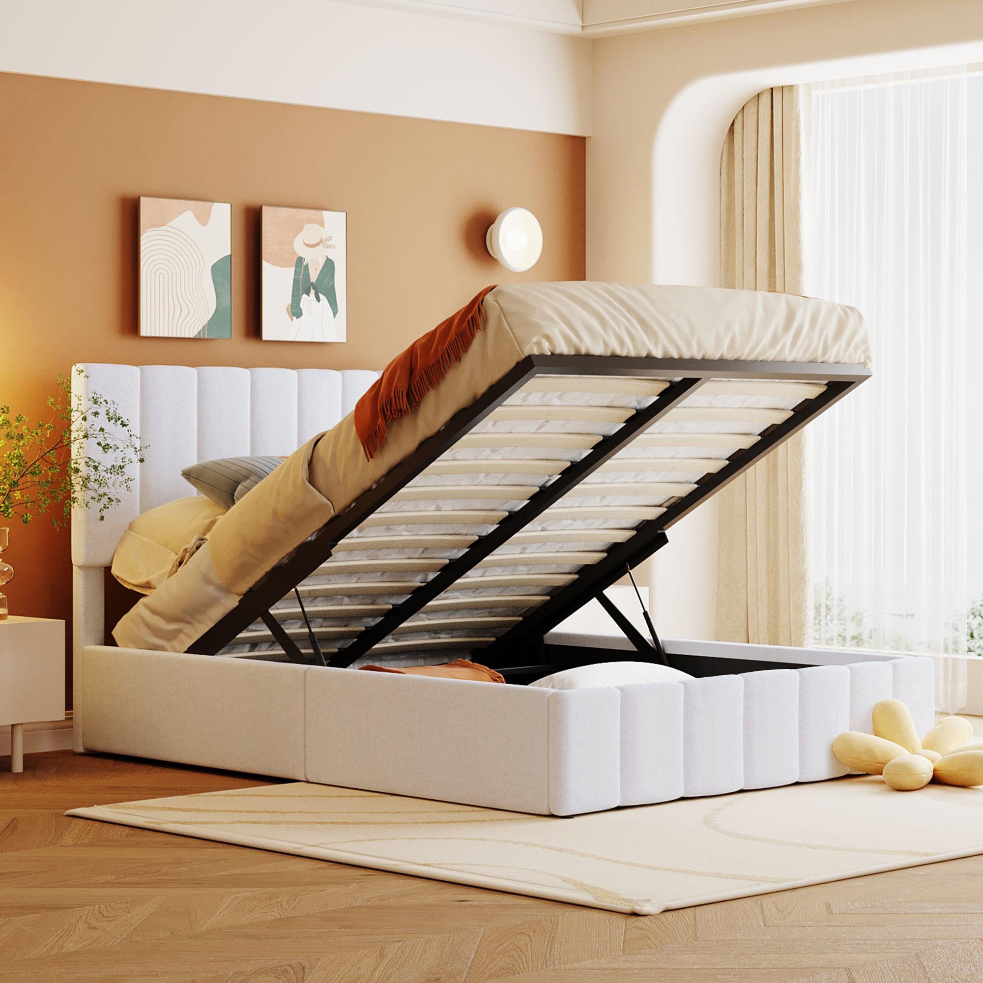 White Full Size Upholstered Platform Bed w/ Hydraulic Storage