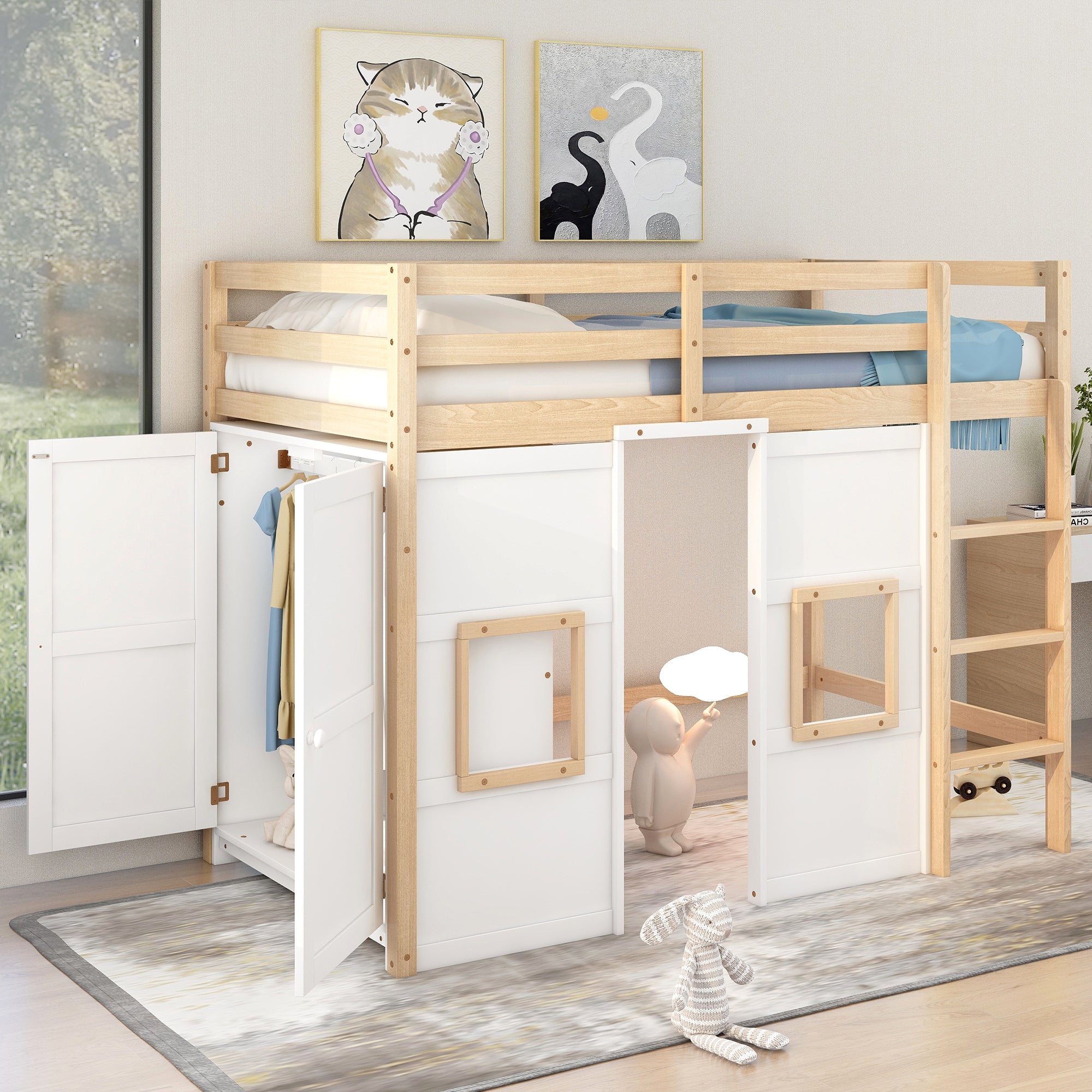 Wood Twin Loft Bed with Wardrobe, Storage, Windows - Natural/White