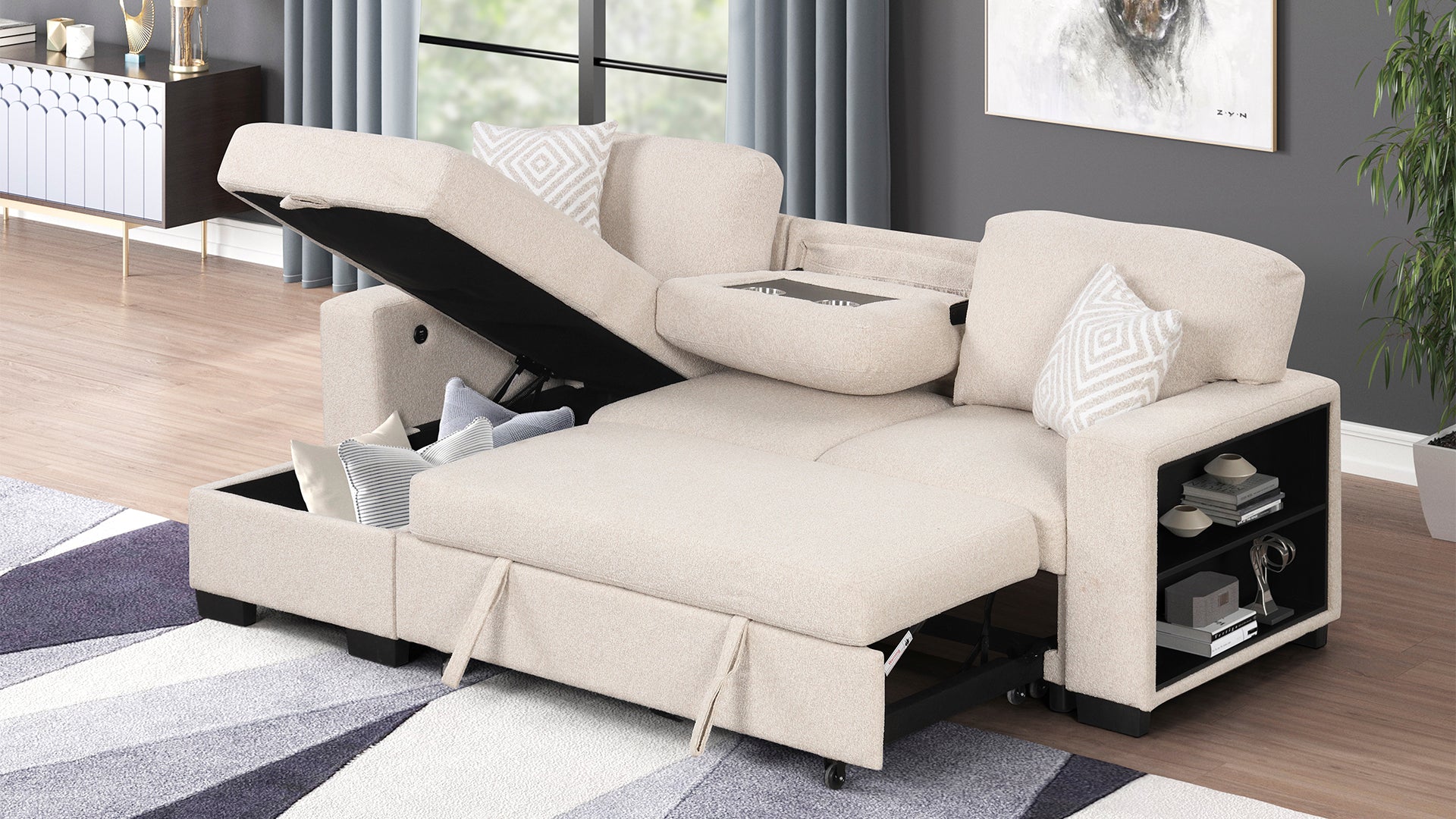 Pinto Modern Beige Velvet Wood Sectional Sofa CA