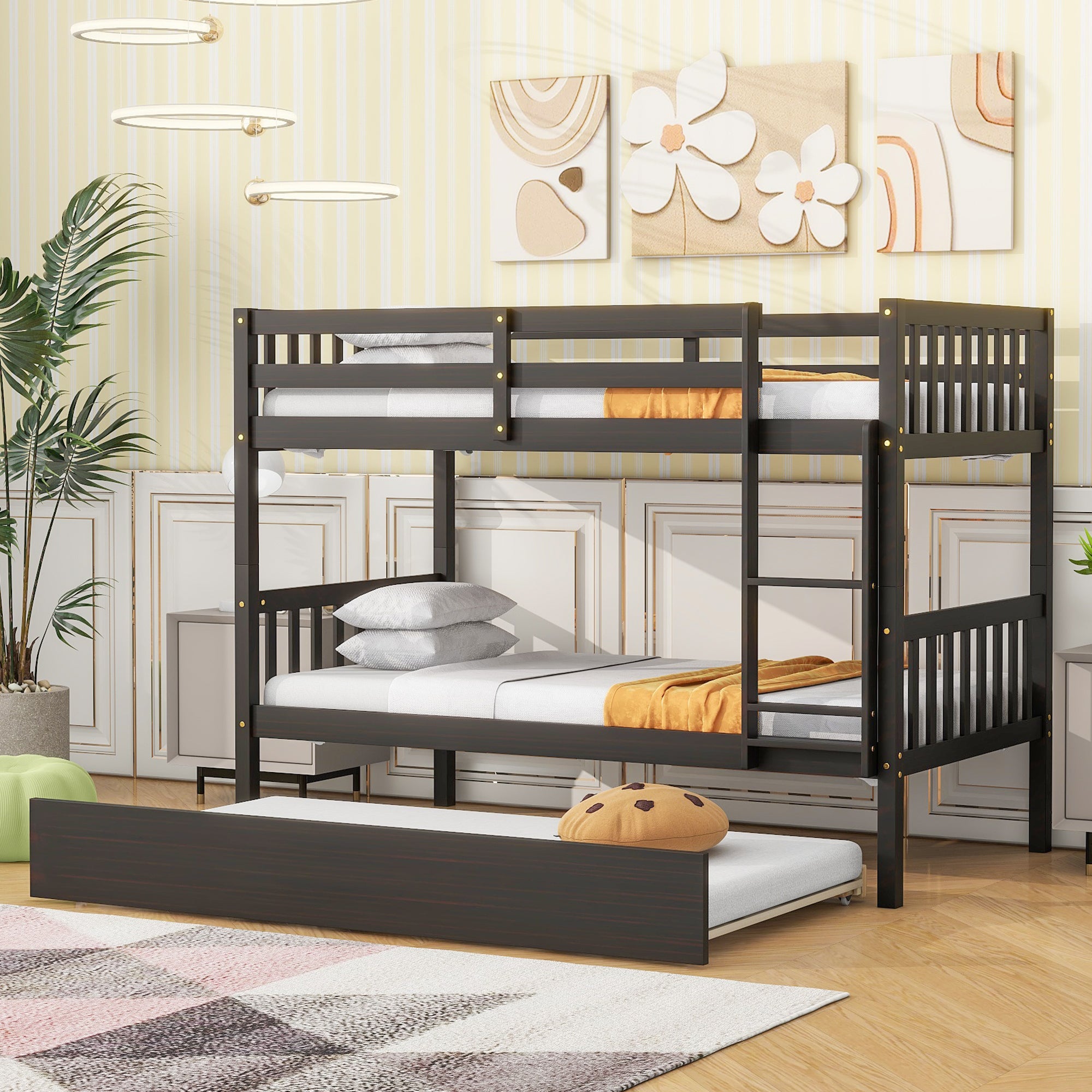 Twin Over Twin Rubber Wood Bunk Bed w/ Trundle, Convertible, Espresso
