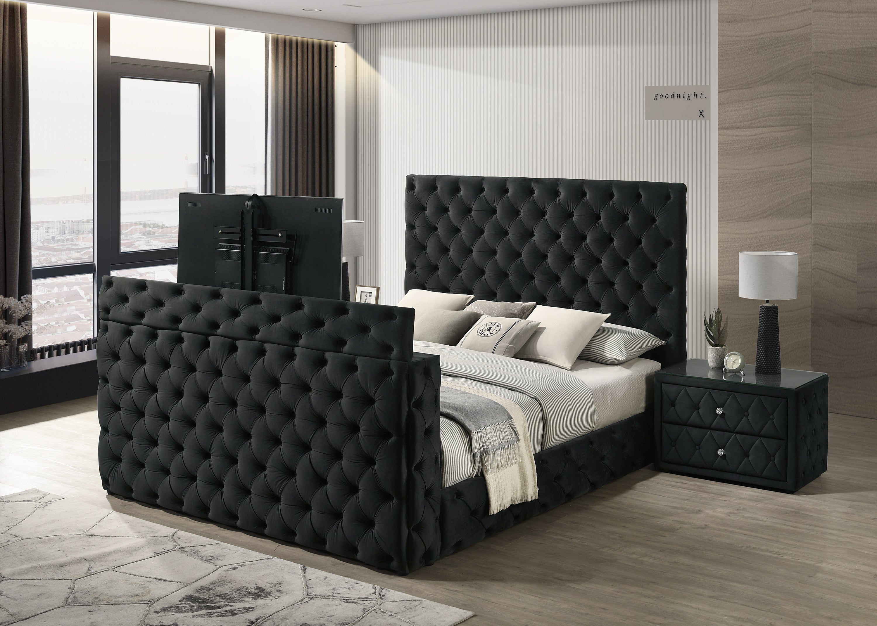 Luxurious King Bed Set: Tufted Velvet, TV Lift, Storage, 3PC