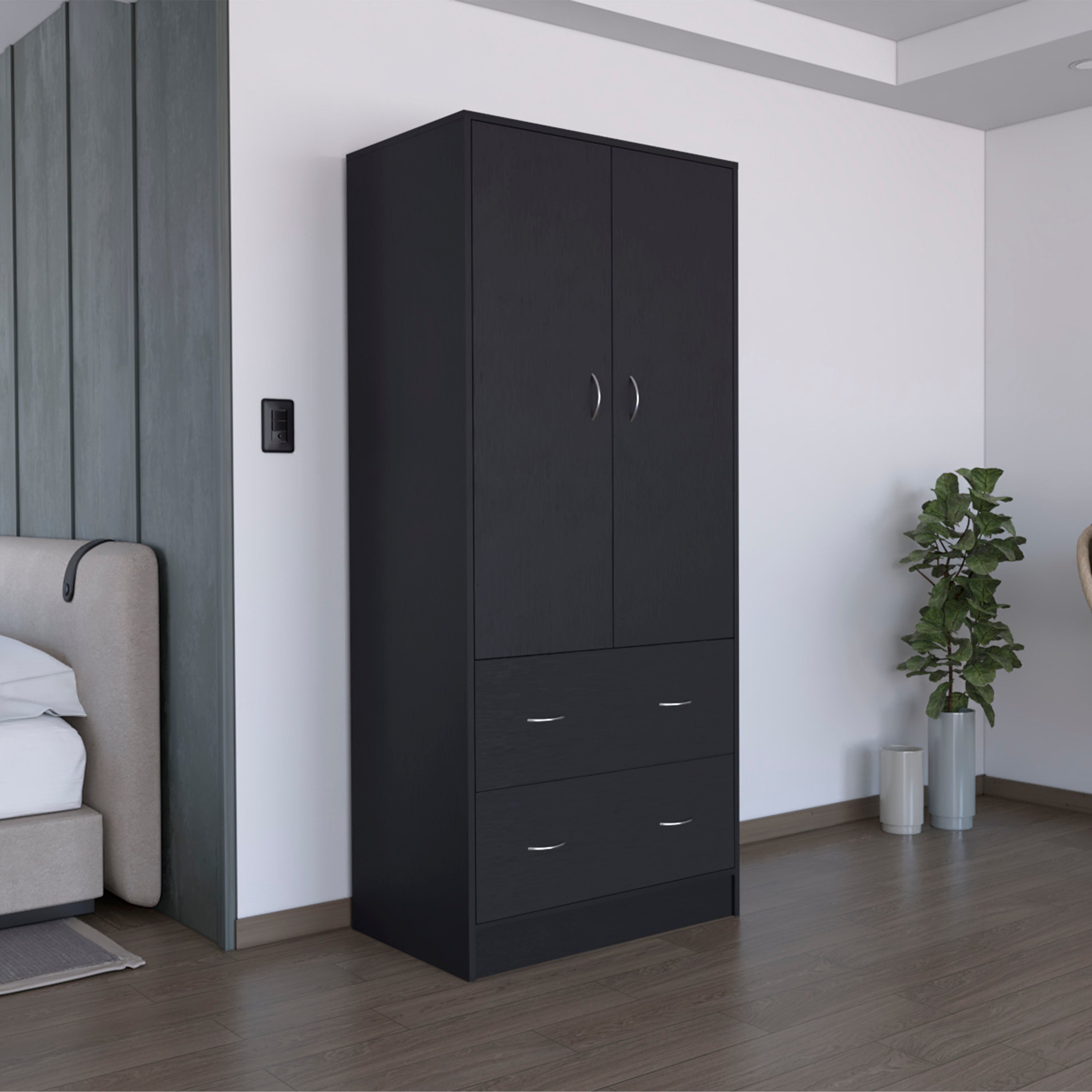 Black 71" Armoire: 2-Door, 2-Drawer, Hanging Rod
