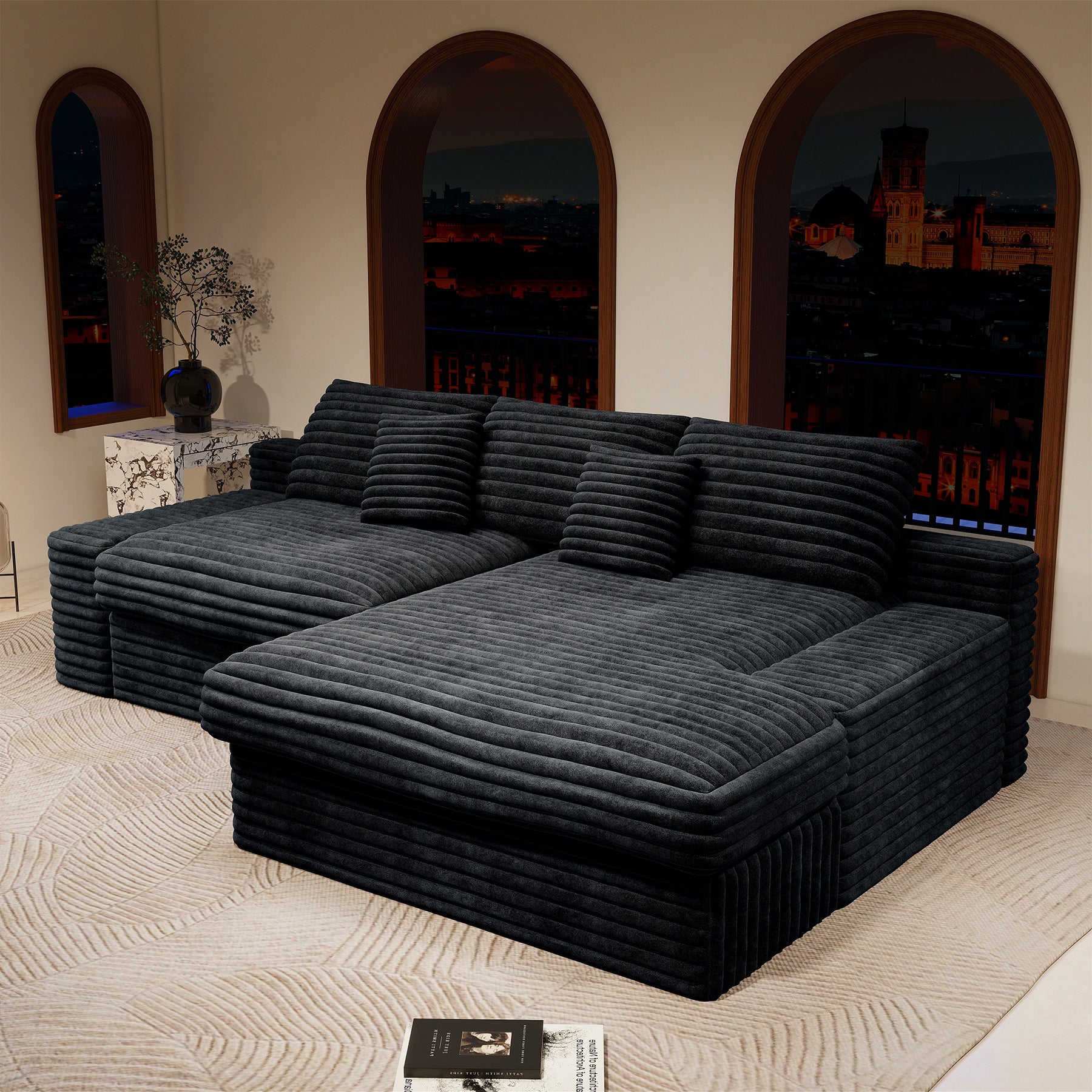 Black Corduroy Modular Sectional Sofa - No Assembly Couch