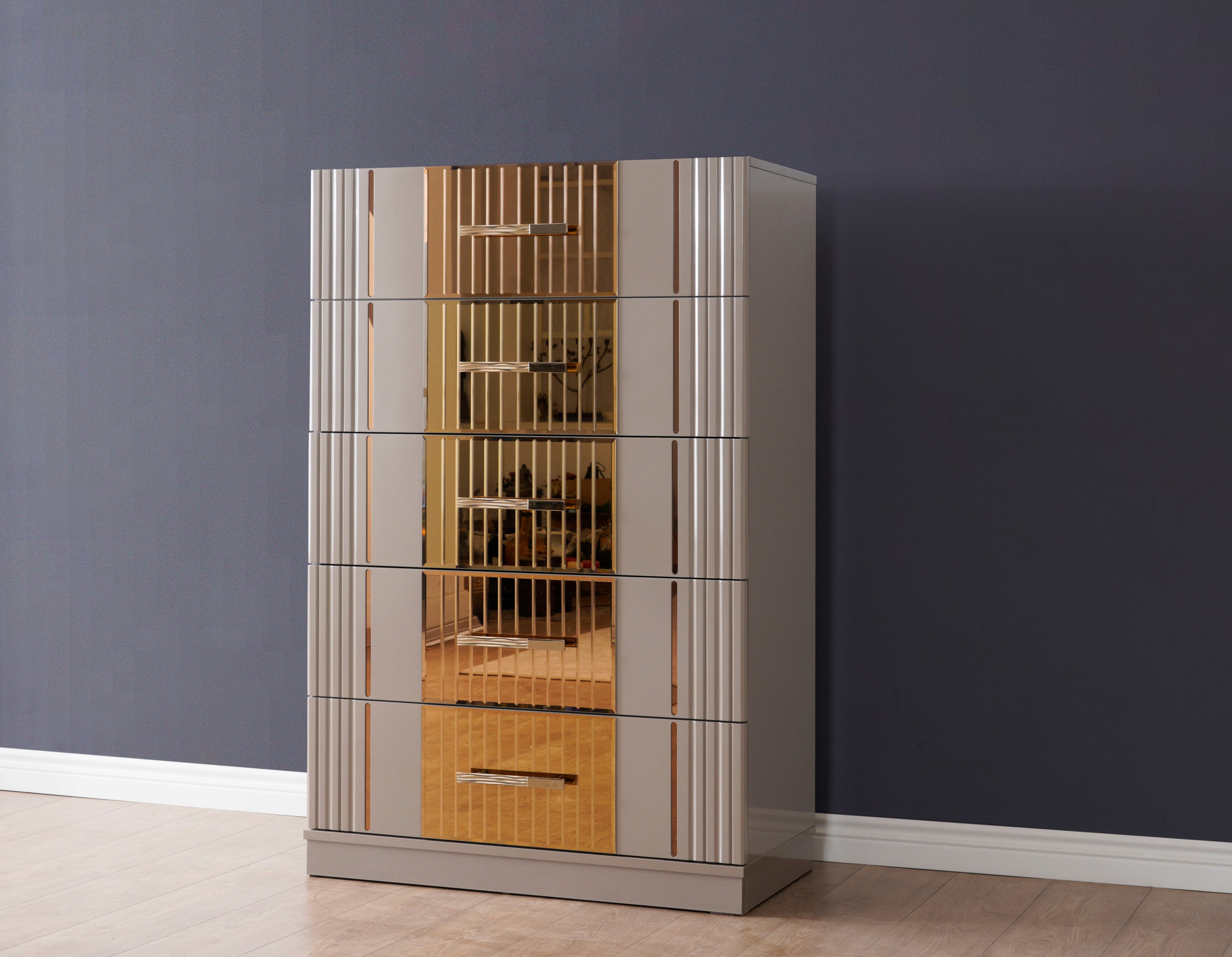 Lorenzo Gold Gray Wood 5-Drawer Chest, CA