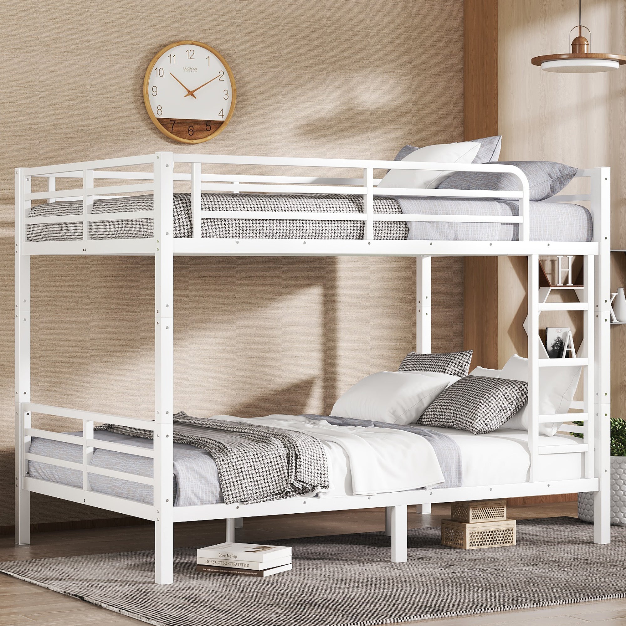 White Metal Full XL over Full XL Bunk Bed, Adult, Space-Saving