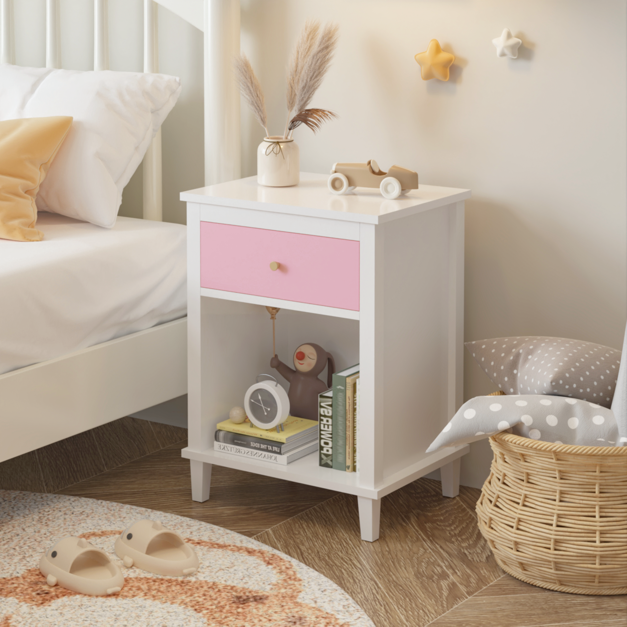 Pink Wooden Nightstand for Kids & Adults - Drawer, Shelf, Gold Handle