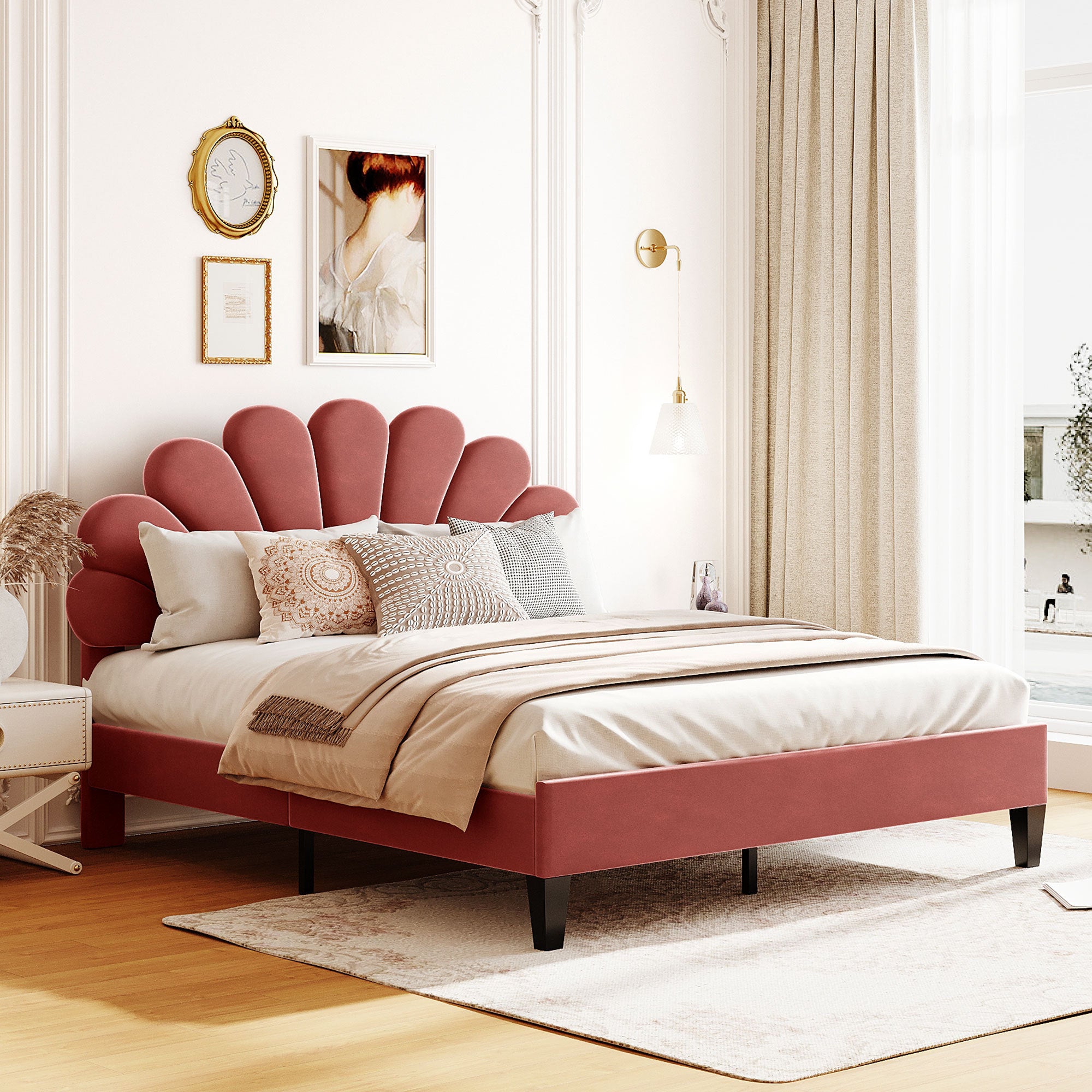 Queen Size Upholstered Platform Bed: Red Velvet Flower Headboard