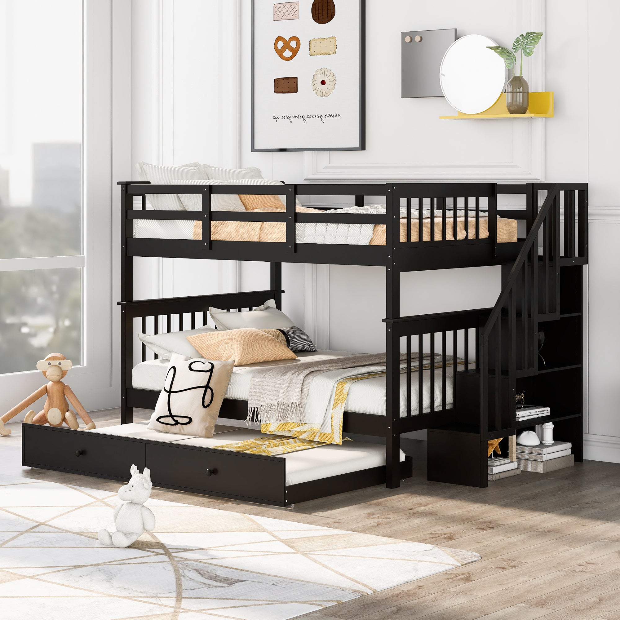 Stairway Full-Over-Full Bunk Bed w/ Twin Trundle, Storage, Guard Rail - Espresso