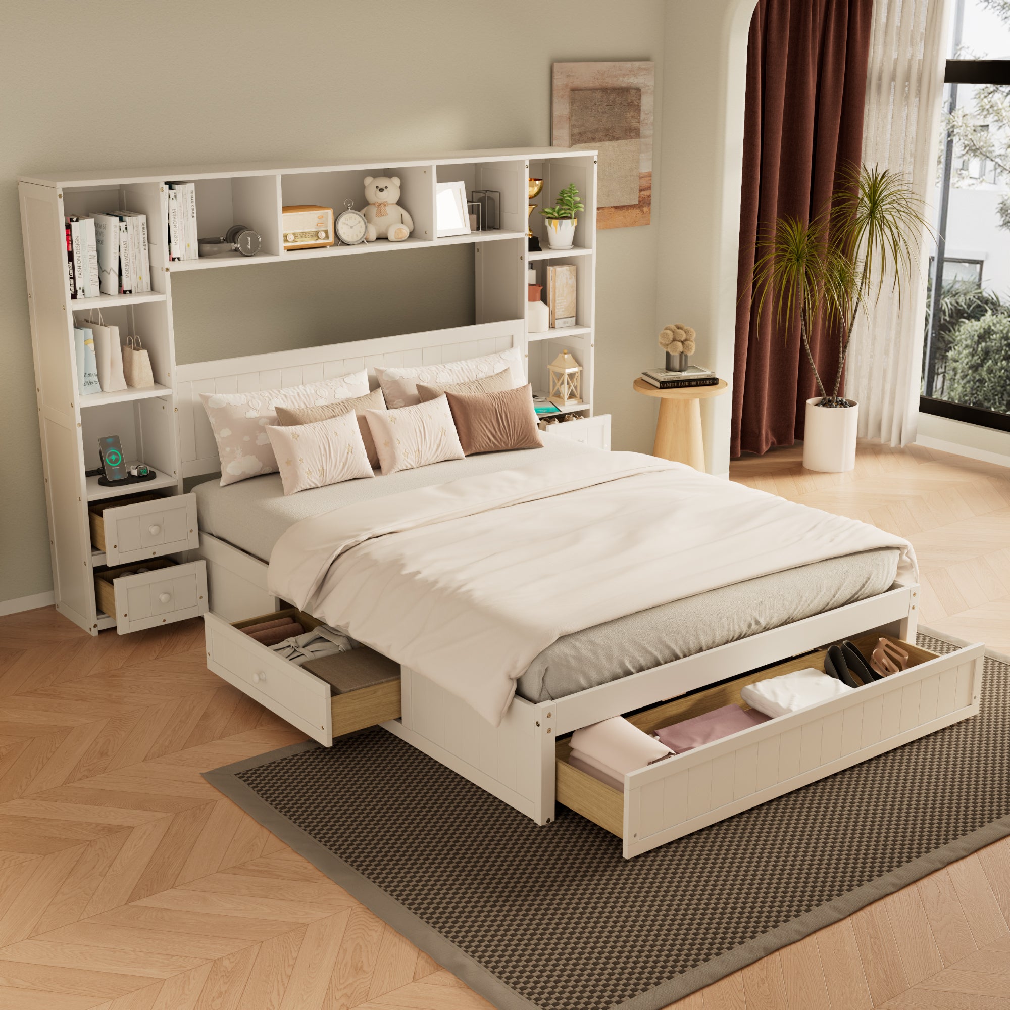 All-in-One Queen Pine Platform Bed: Storage, Charging, Drawers
