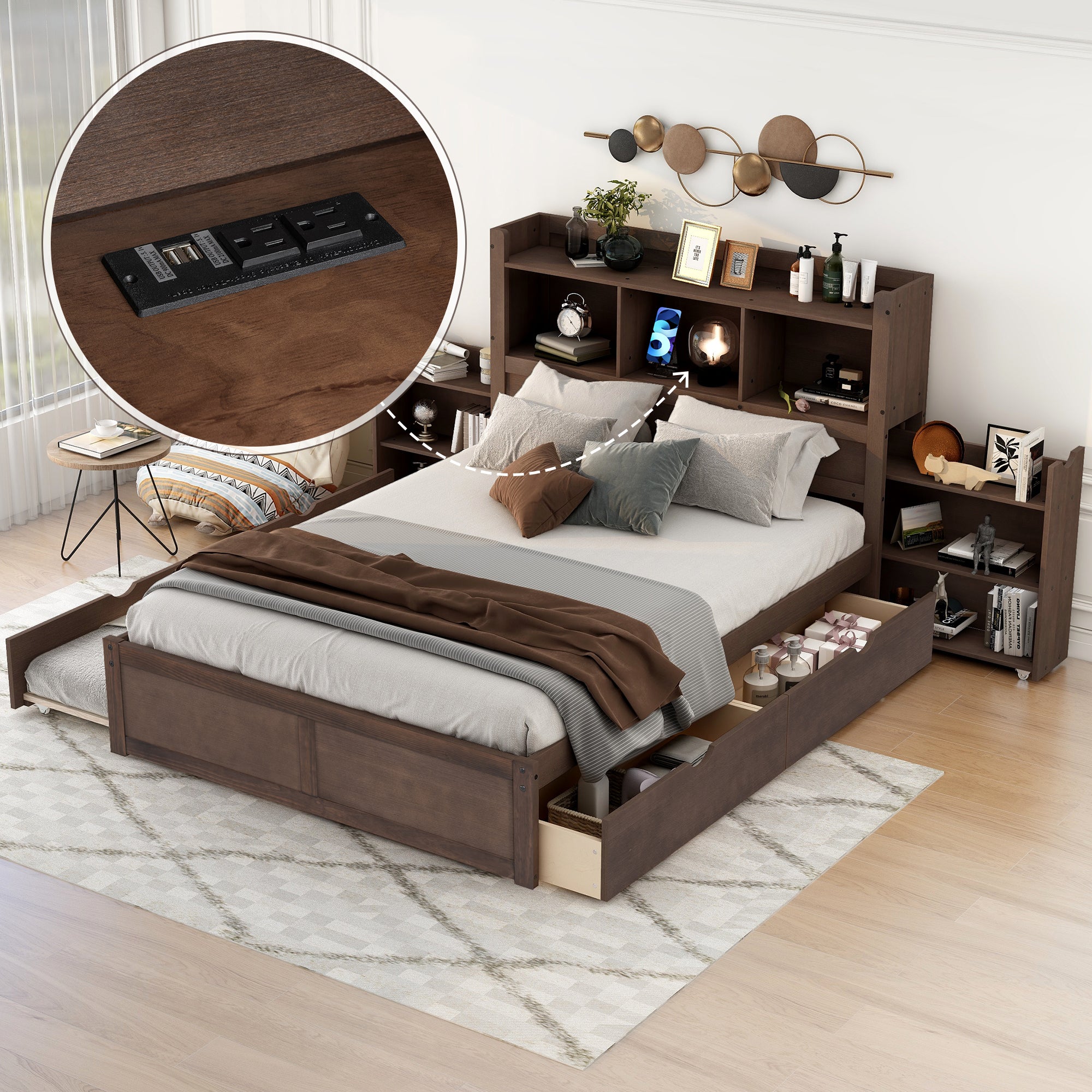 Espresso Full Size Storage Platform Bed w/ Twin Trundle & Drawers