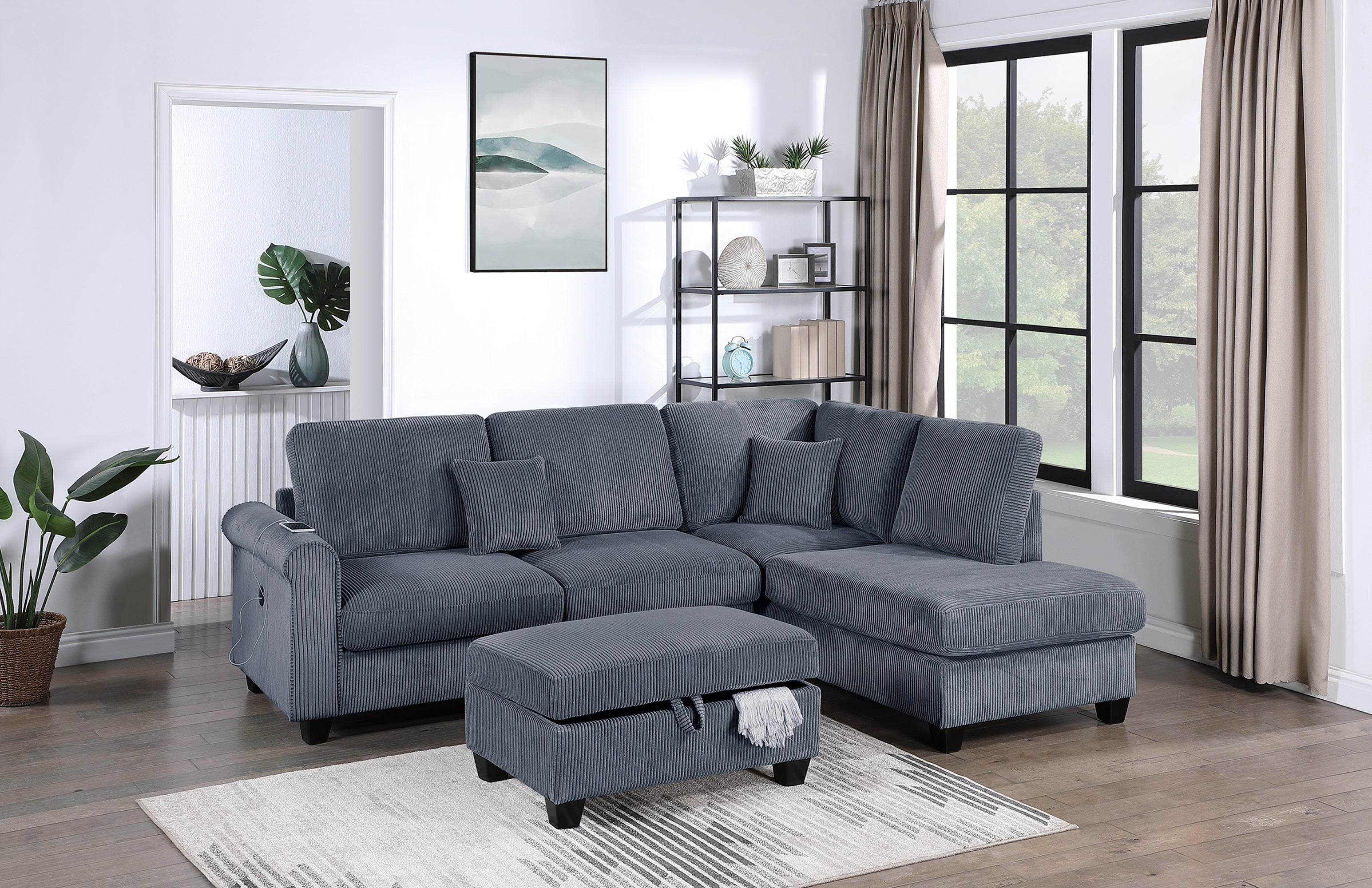Contemporary Dark Gray Corduroy 3pc L-Sectional Sofa