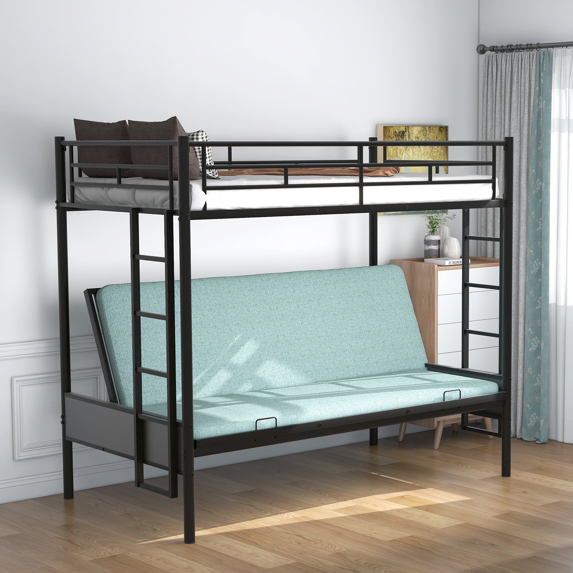 Black Twin over Full Metal Bunk Bed, Multi-Function Space Saver