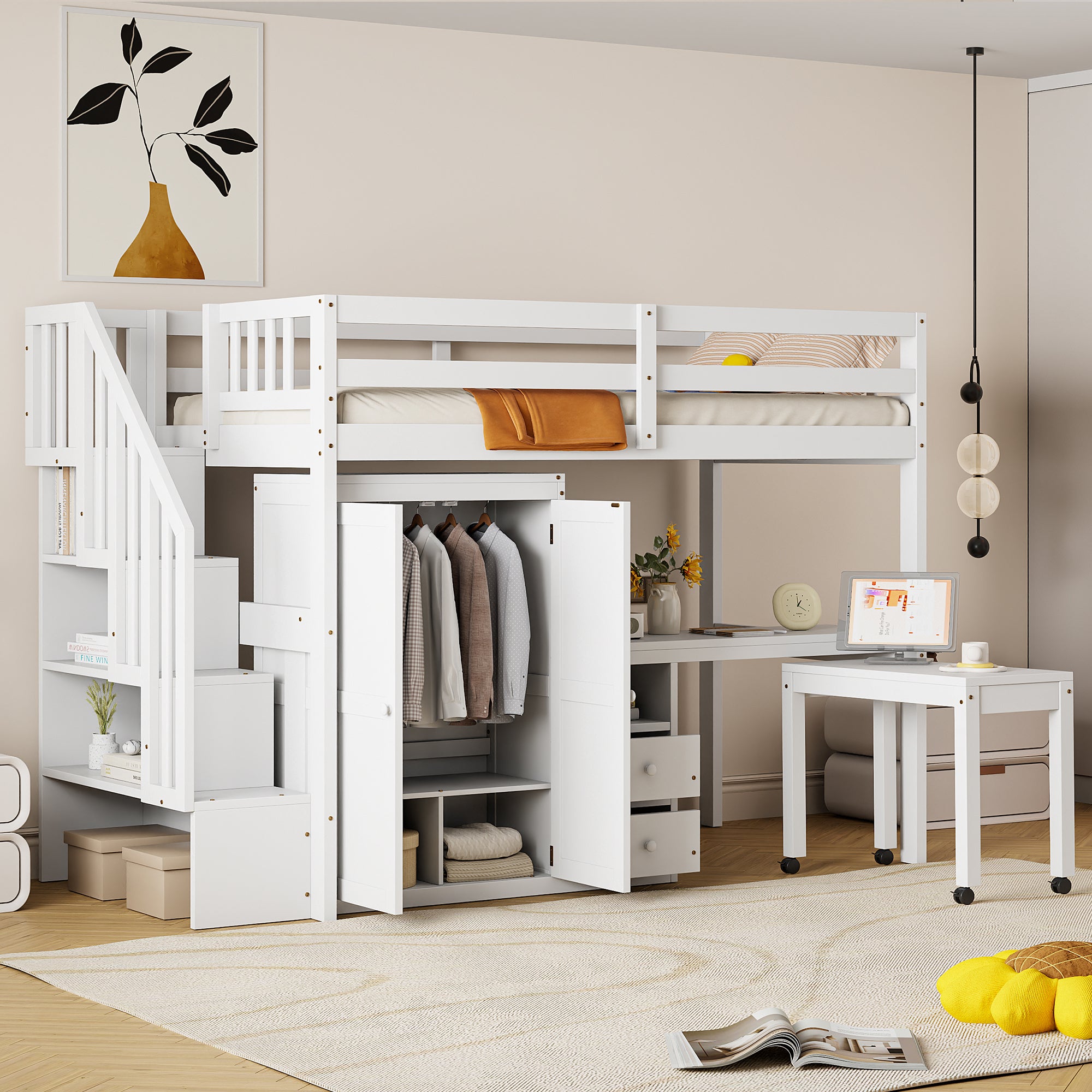Twin Loft Bed with Stairs, Desk, Wardrobe & Storage for Kids - White