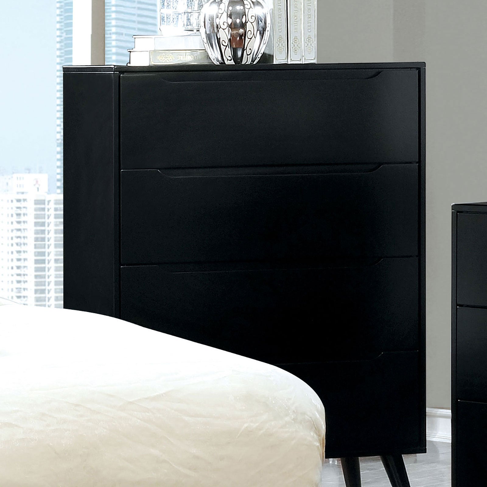 Black Finish Mid-Century Modern 4-Drawer Chest Tapered Legs