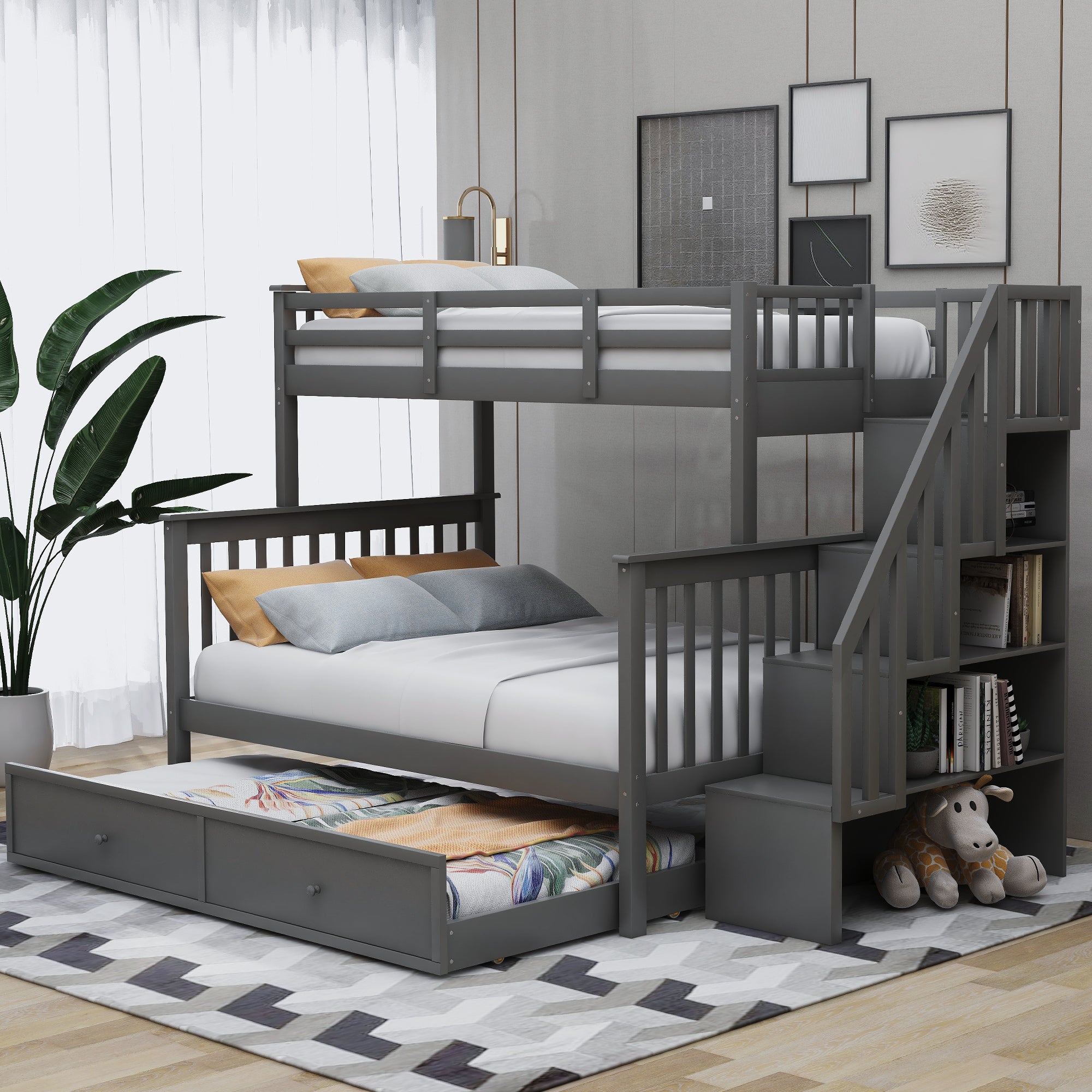 Gray Stairway Twin-Full Bunk Bed, Trundle, Storage, Guard Rail - Adult Dorm
