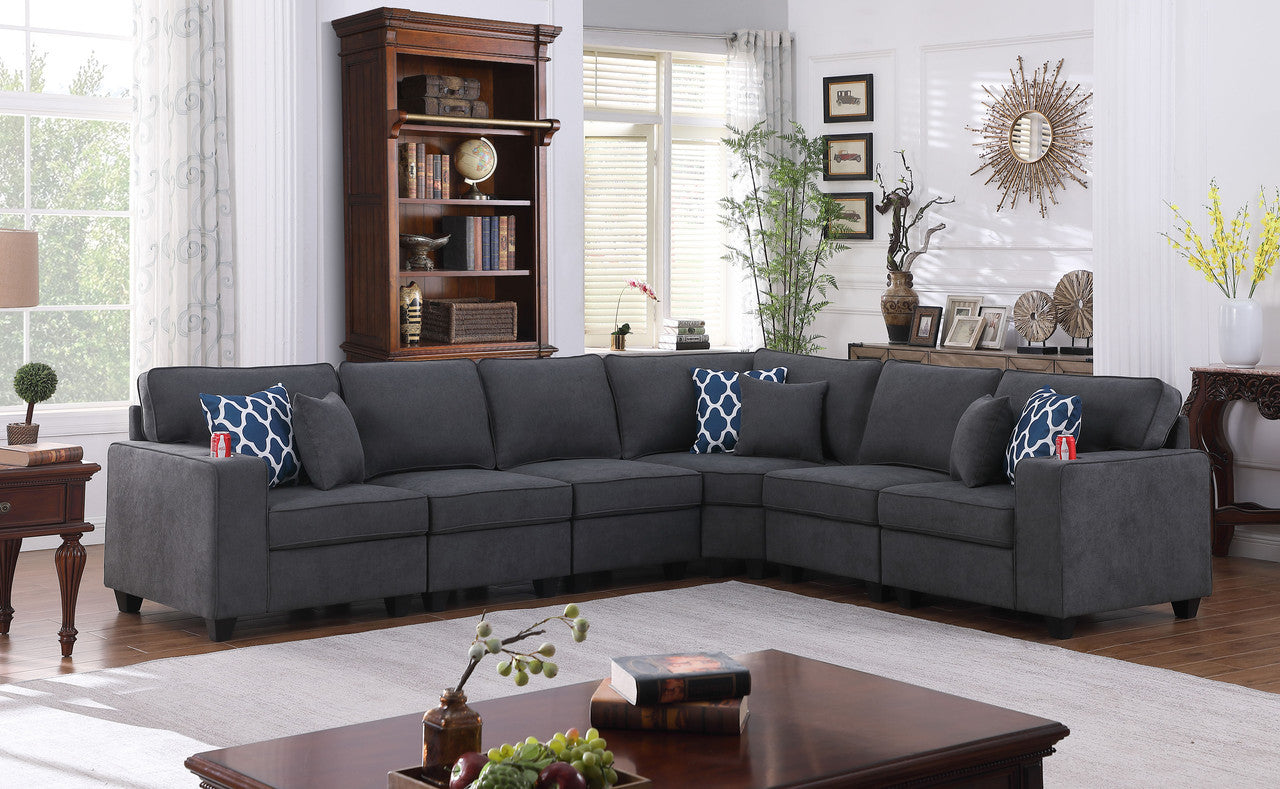 Cooper 125" Stone Gray Fabric L-Shape Sectional Cupholder