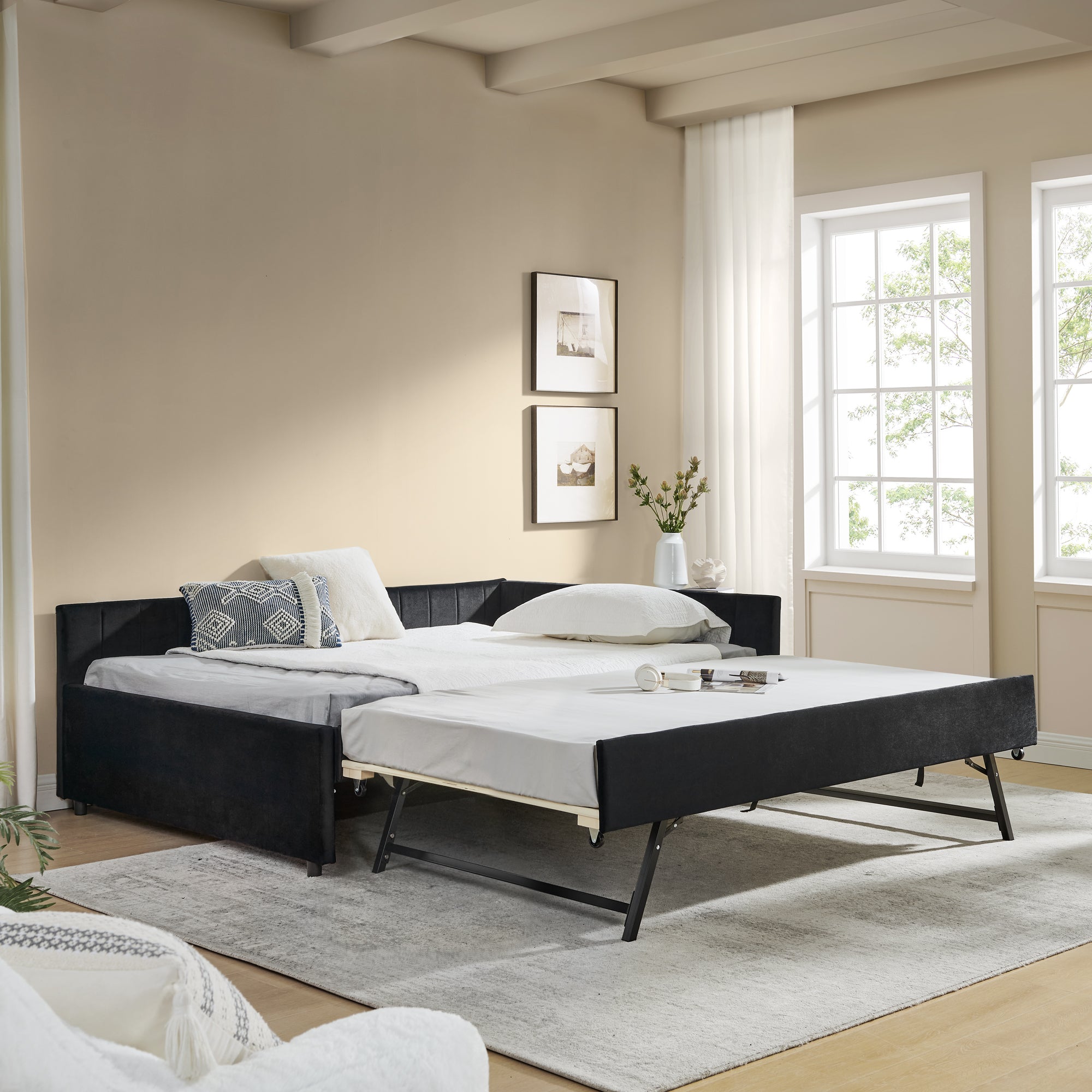 Full Size Upholstered Tufted Daybed with Trundle Sofa Bed Black