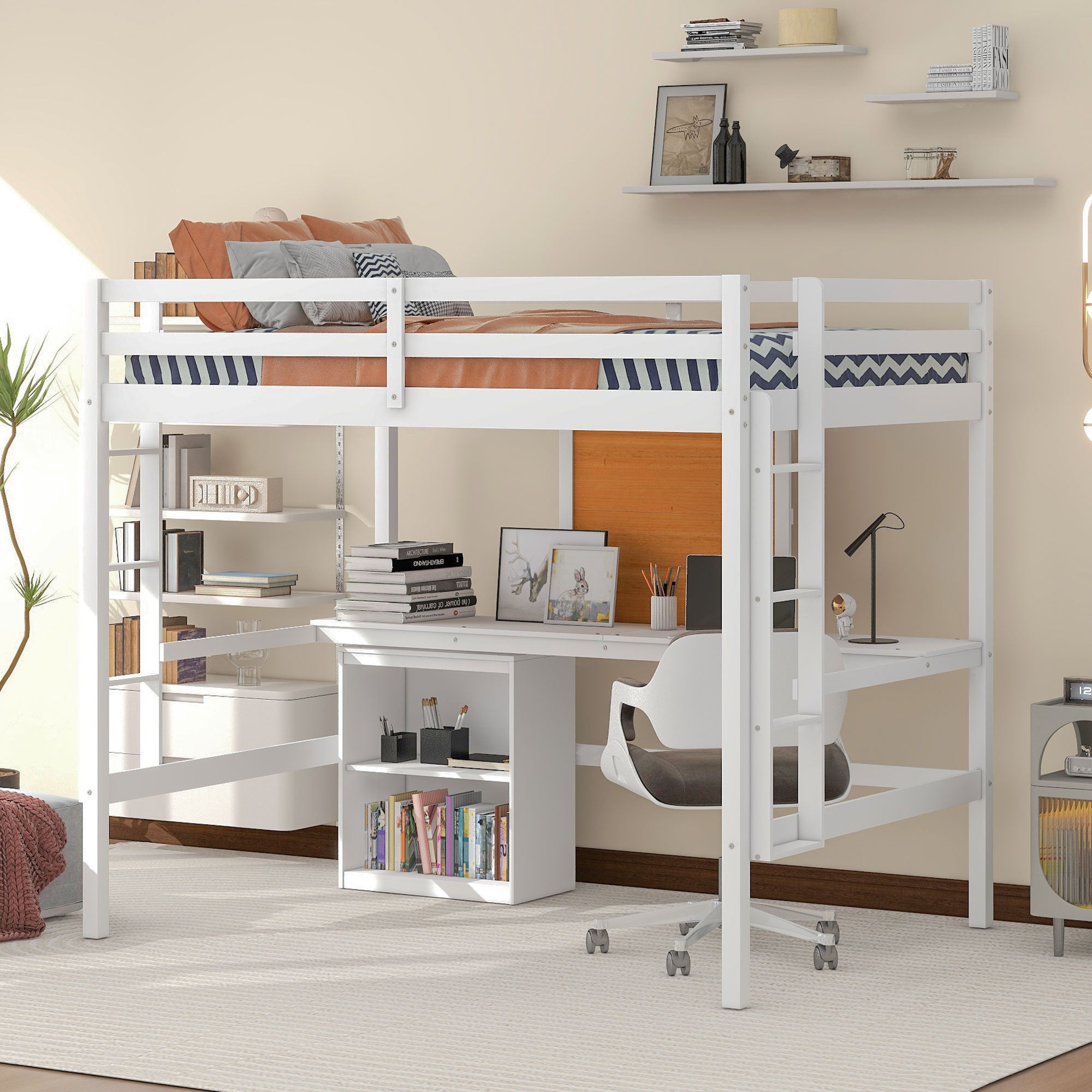 White Loft Bed with Desk & Drawers