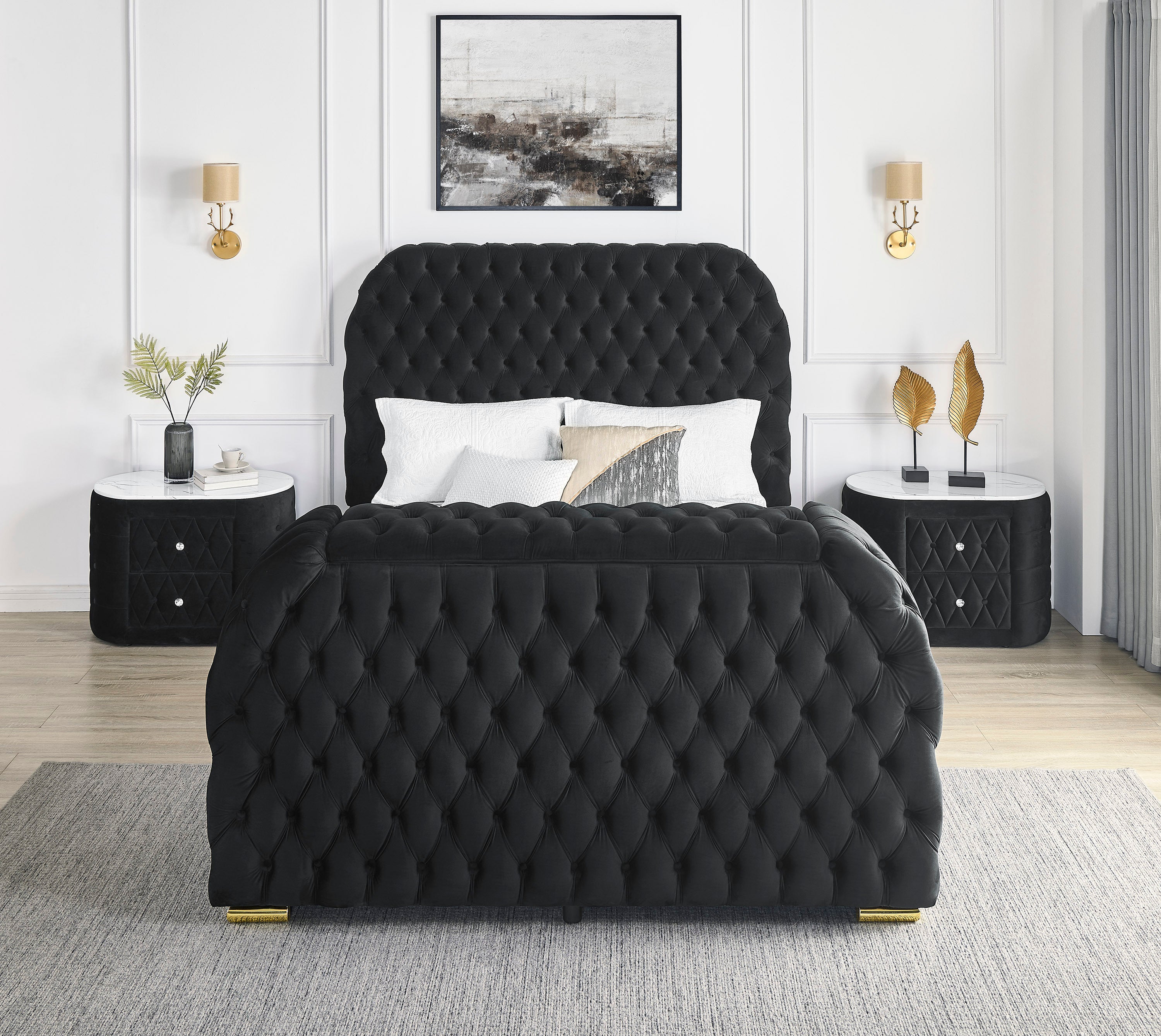 King Size Upholstered Bed: TV Lift, Fireplace & Nightstands