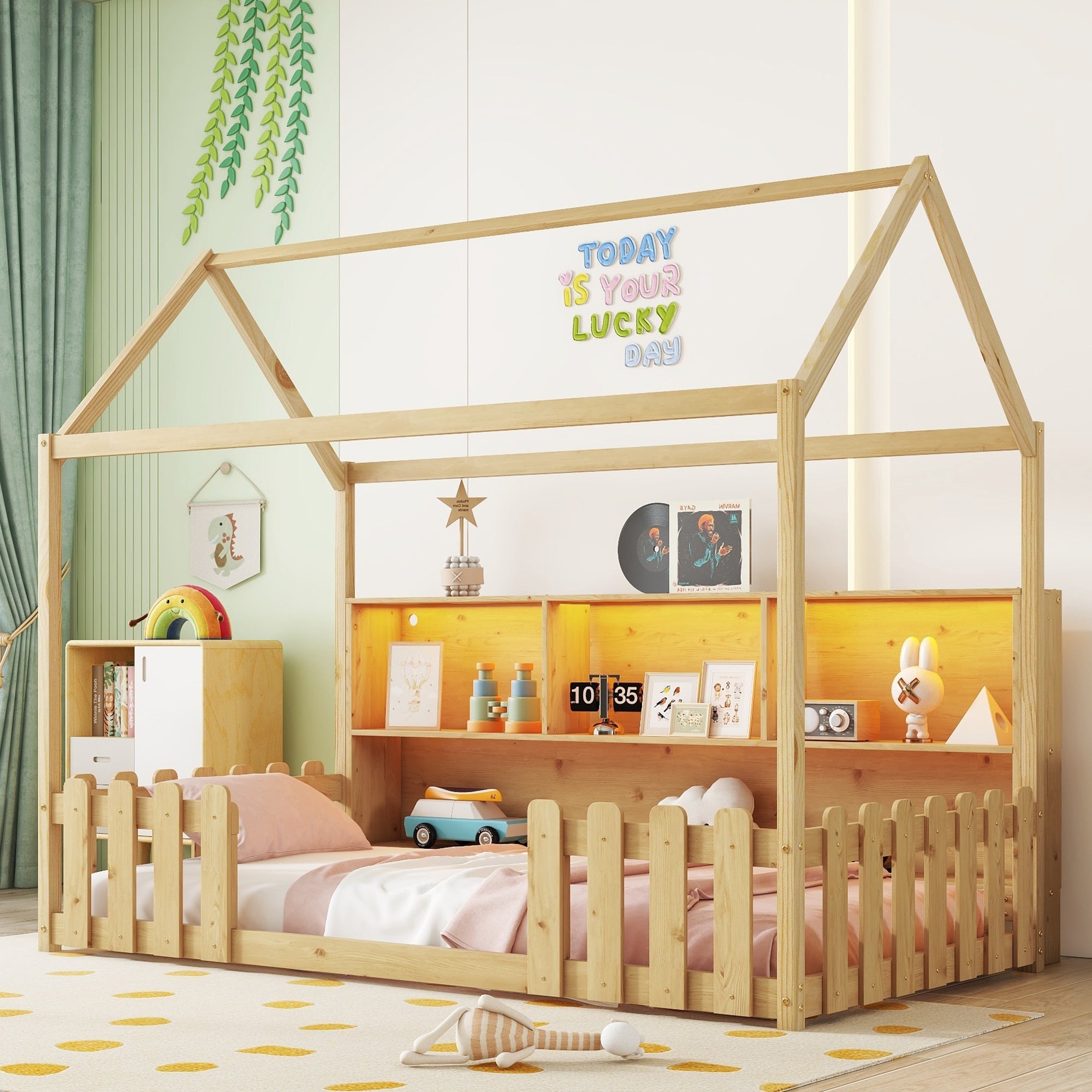 Twin House Bed for Kids with LED, Storage, Guardrails & Bookshelf