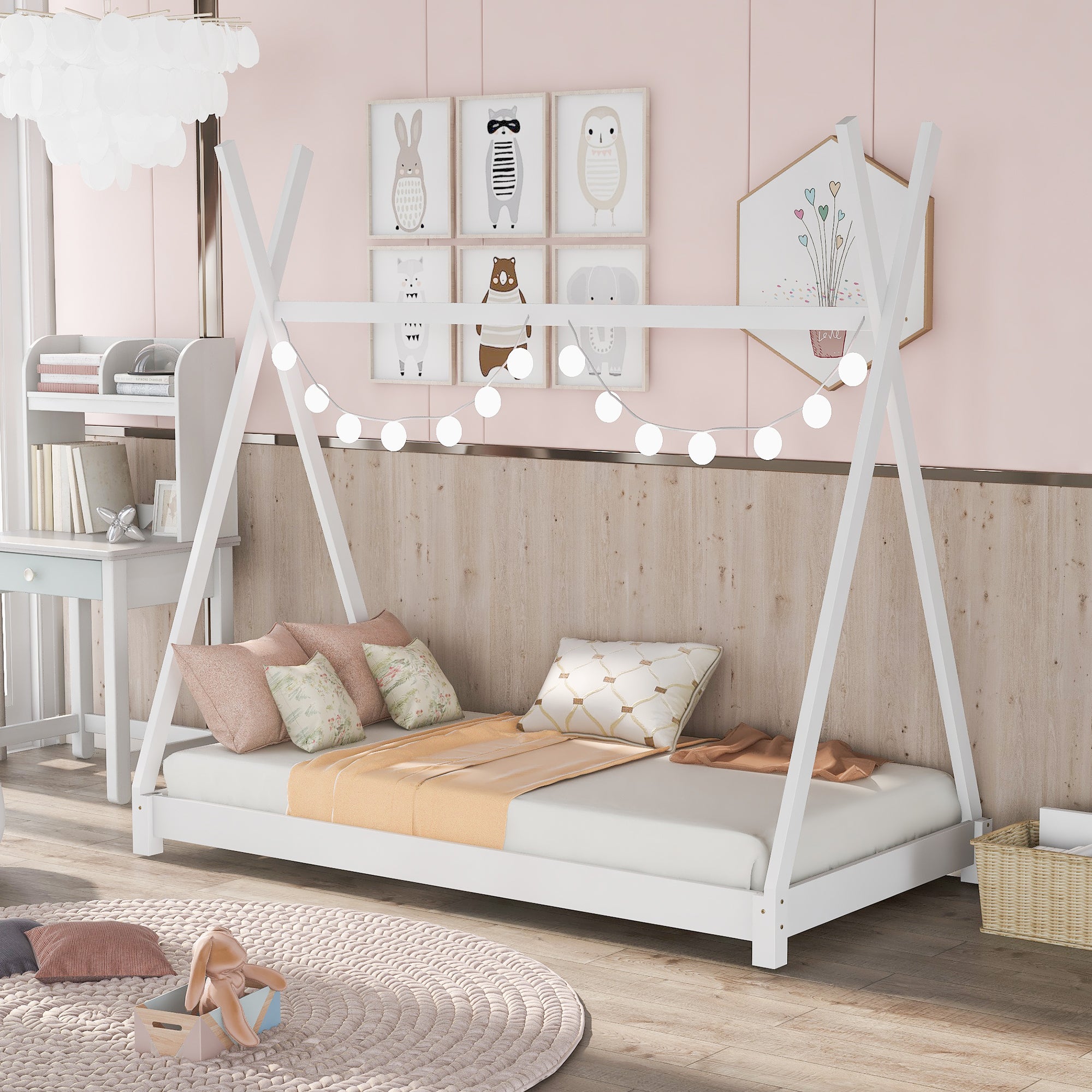 Twin Size White House Platform Bed, Triangle Structure for Kids Bedroom