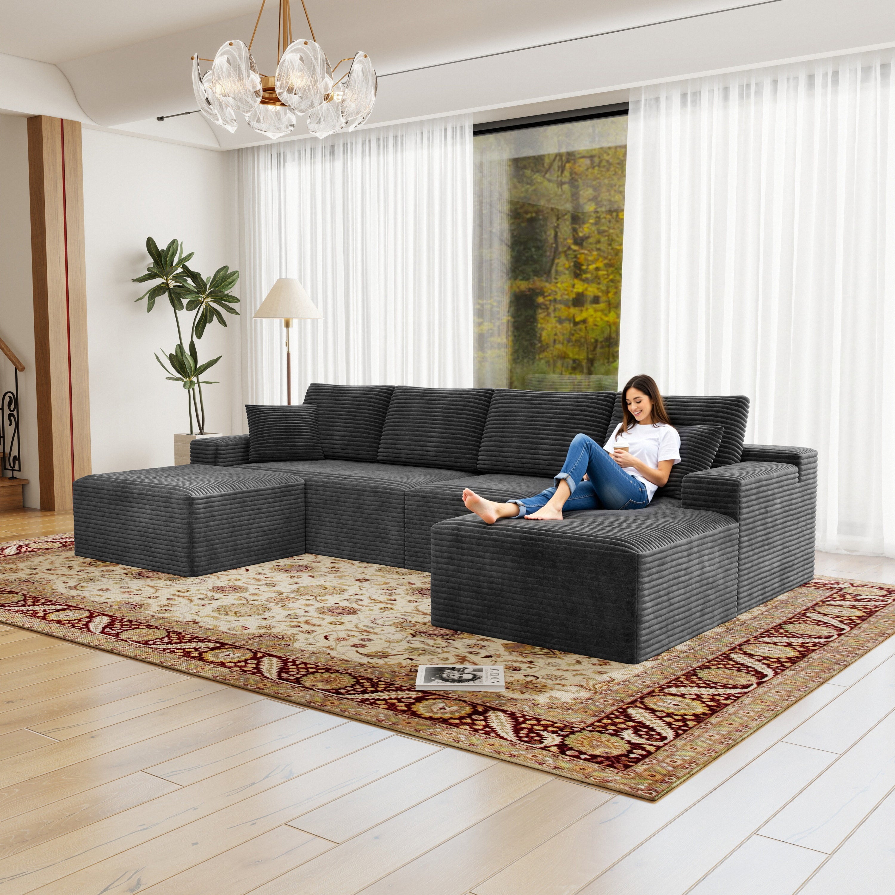 Grey Corduroy Modular Sectional Sofa - No Assembly 4PC