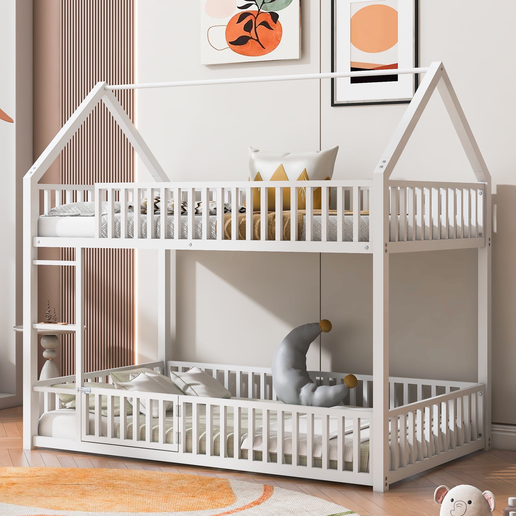 Metal Twin over Twin House Bunk Bed with Fence & Door, White
